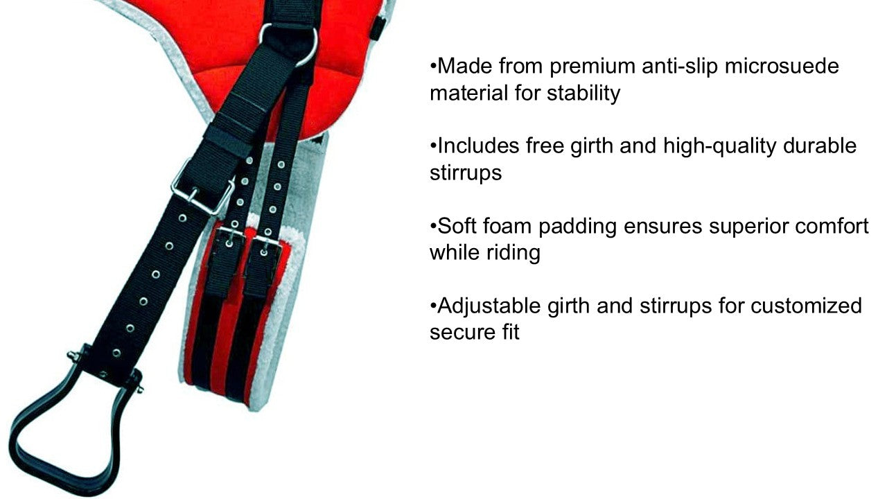 Exclusive Bareback Saddle Pad with Free Stirrups And Girth Anti Slip Micro Suede Adjustable Fit Pony Size Red Colour