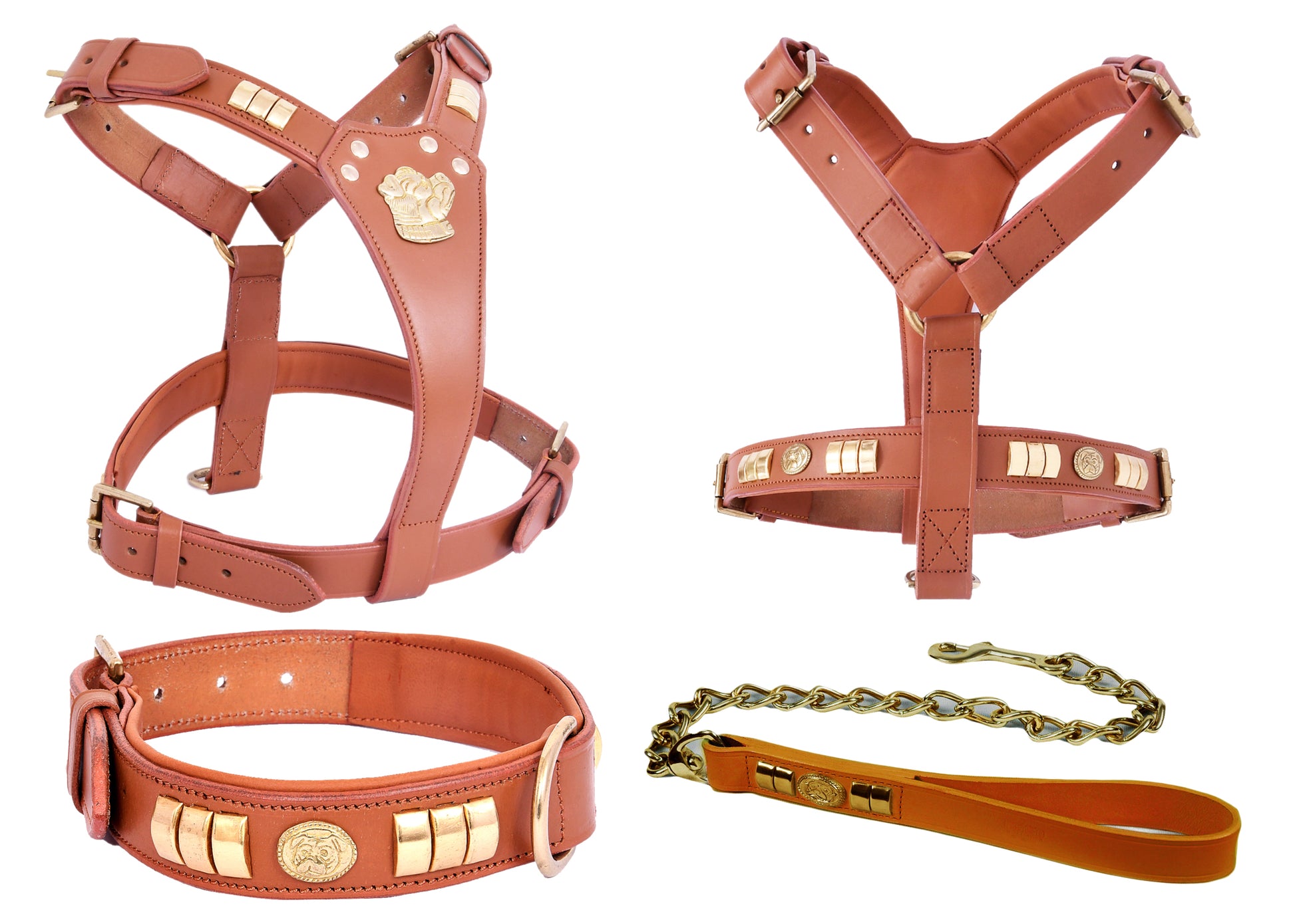 Handcrafted Tan Leather Staffy Dog Harness Collar And Chain Lead Set Luxury Comfort Fit with Brass Dog Face