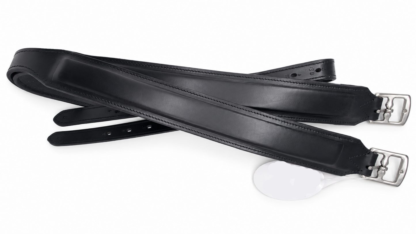 Leather 2 Inch Wide Stirrup Leathers with Nylon Core Non Stretch Black