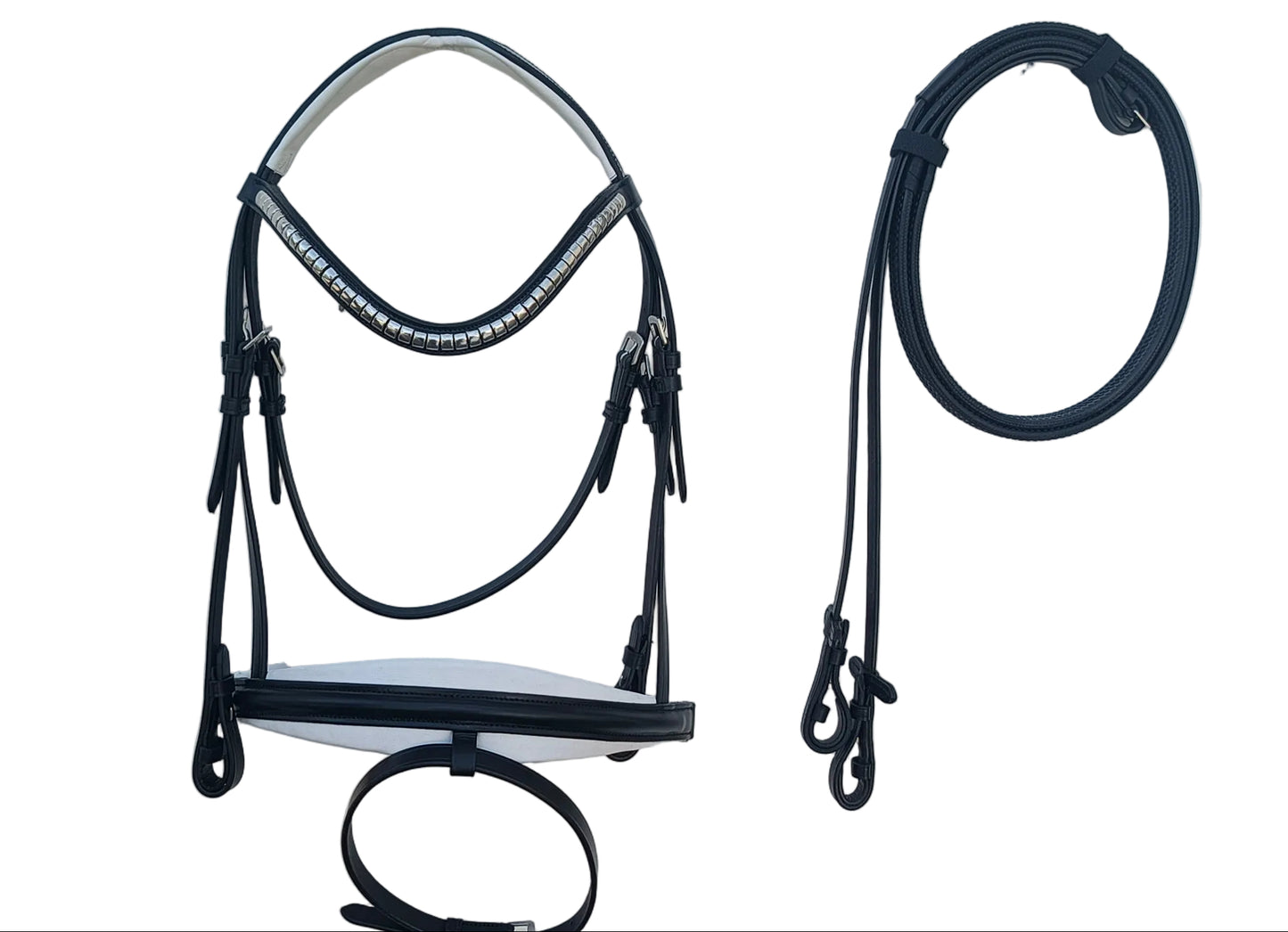 Leather_Anatomic_Bridle_with_Silver_Platted_Clincher_Browband_and_Matching_Reins_Black_Color