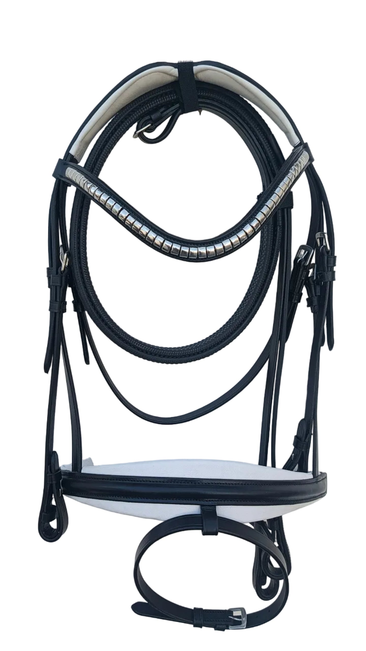 Leather_Anatomic_Bridle_with_Silver_Platted_Clincher_Browband_and_Matching_Reins_Black_Color