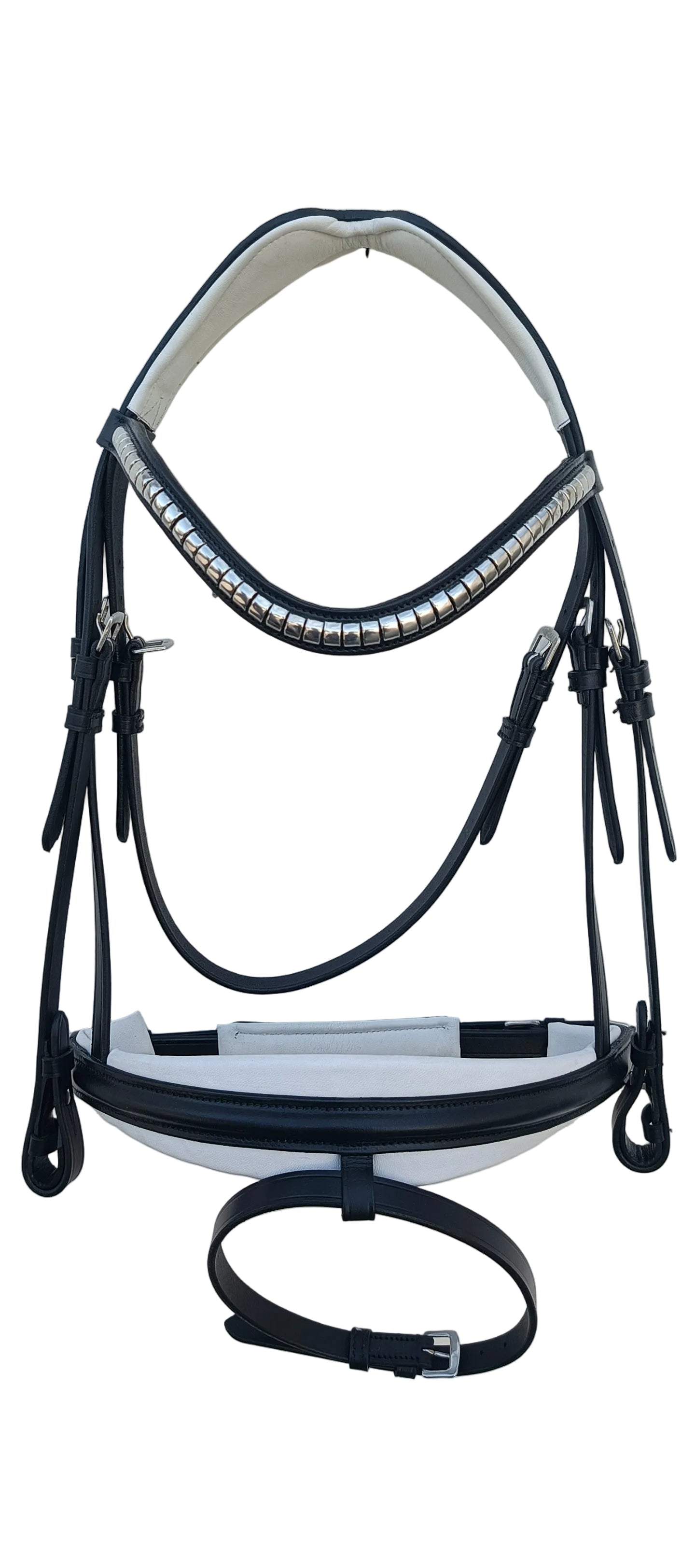 Leather_Anatomic_Bridle_with_Silver_Platted_Clincher_Browband_and_Matching_Reins_Black_Color