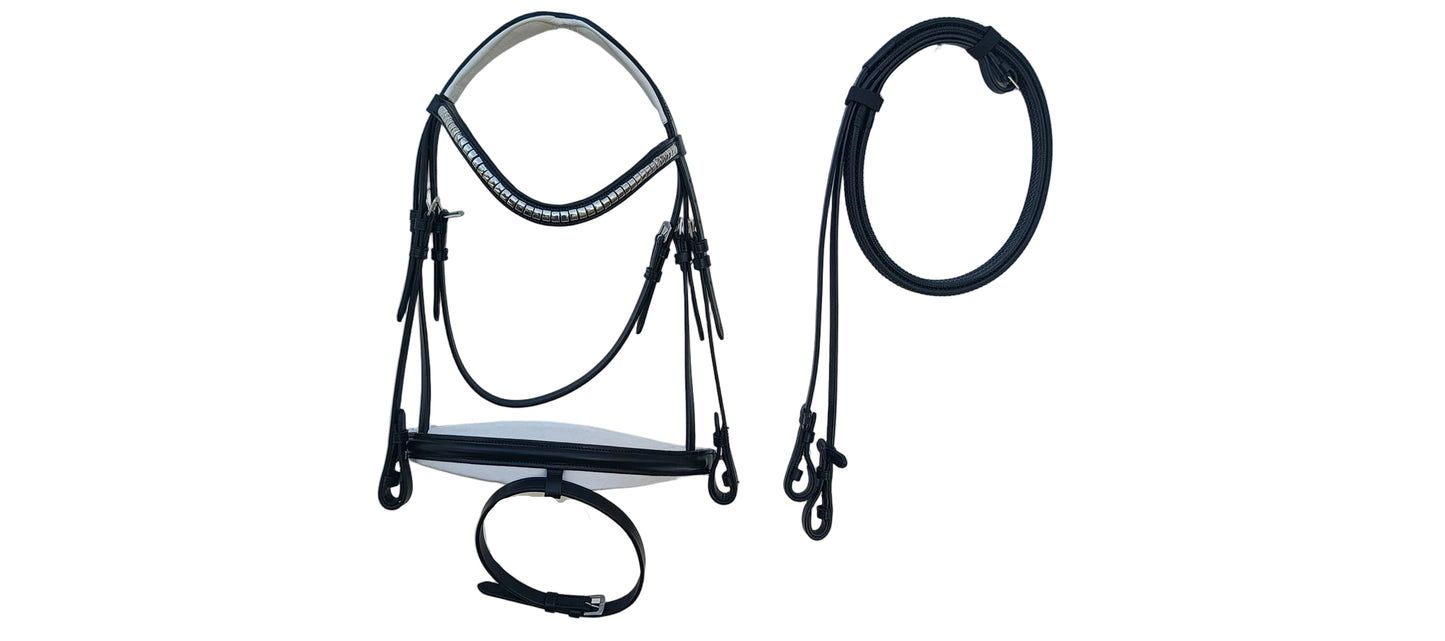 Leather_Anatomic_Bridle_with_Silver_Platted_Clincher_Browband_and_Matching_Reins_Black_Color