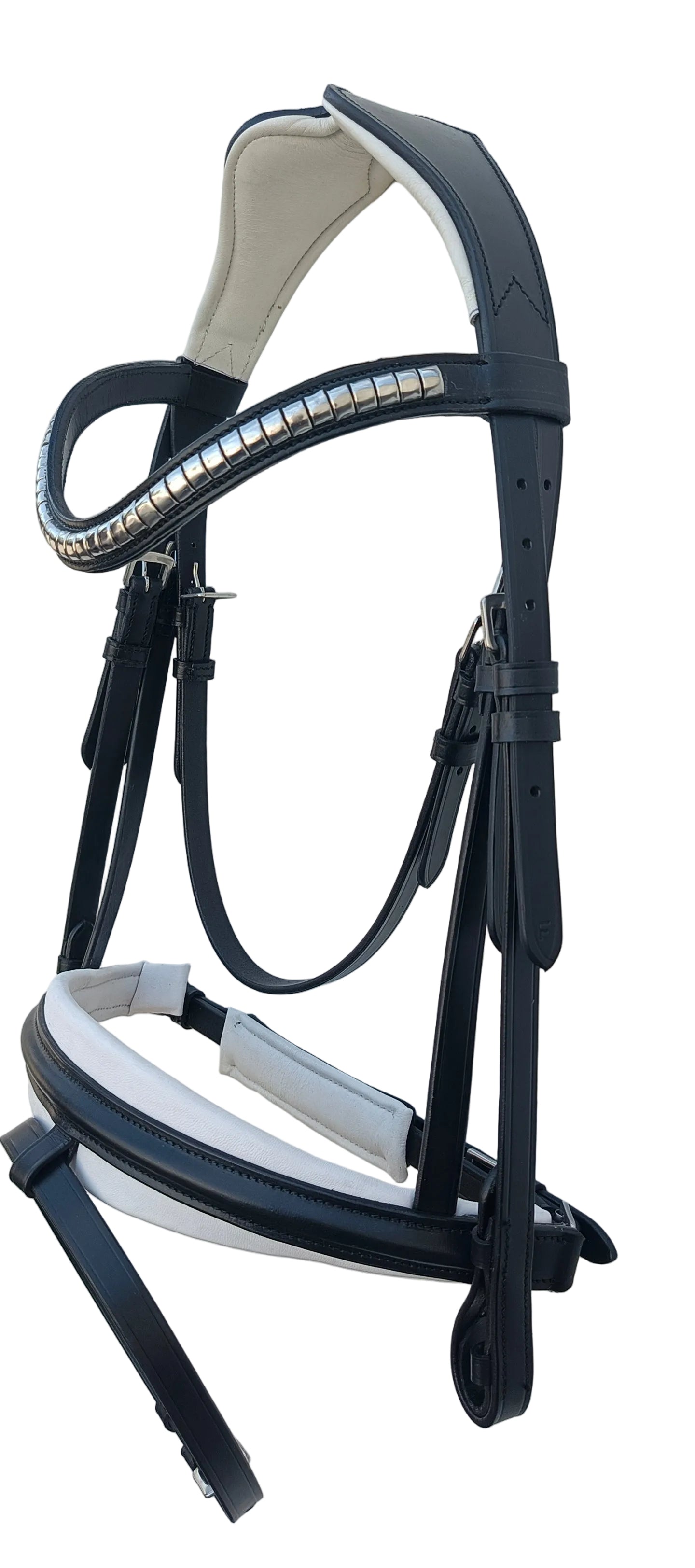 Leather_Anatomic_Bridle_with_Silver_Platted_Clincher_Browband_and_Matching_Reins_Black_Color