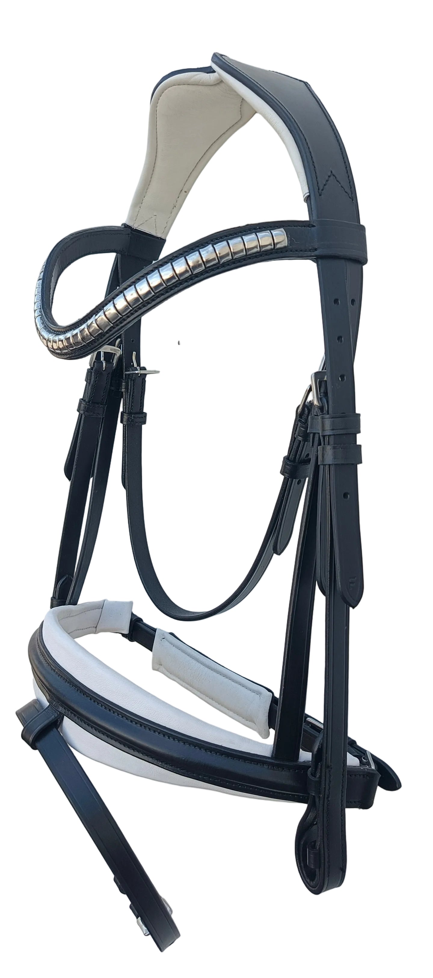 Leather_Anatomic_Bridle_with_Silver_Platted_Clincher_Browband_and_Matching_Reins_Black_Color