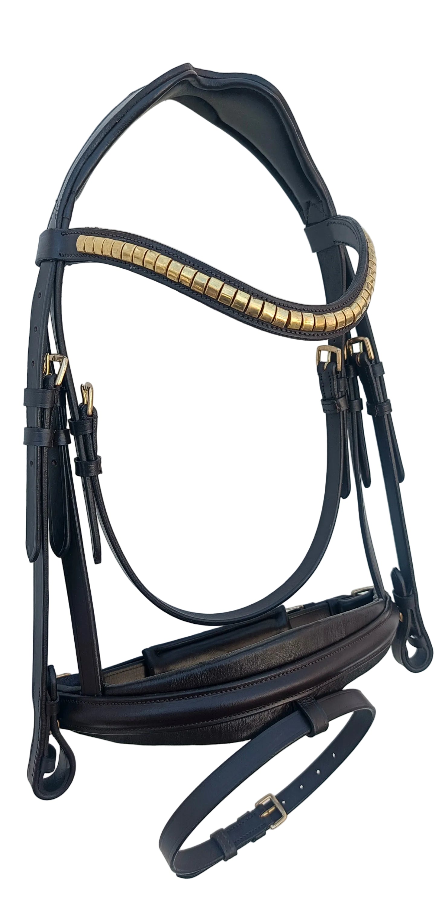 Leather_Anatomical_Padded_Bridle_with_Golden_Clincher_Browband_And_Reins_Brown_Color