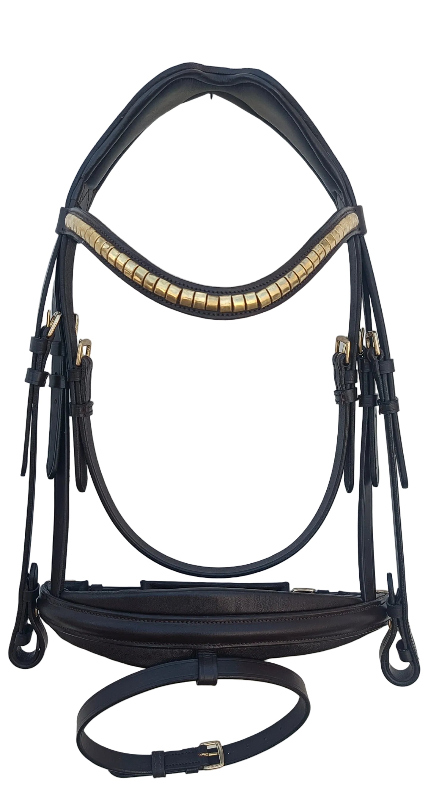 Leather_Anatomical_Padded_Bridle_with_Golden_Clincher_Browband_And_Reins_Brown_Color