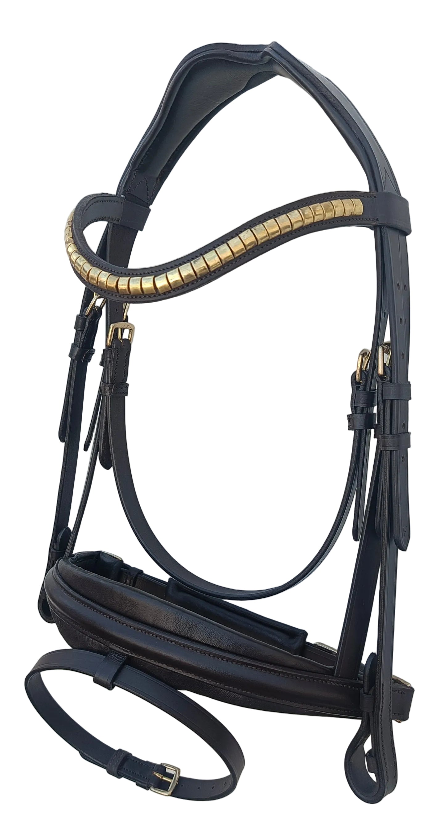 Leather_Anatomical_Padded_Bridle_with_Golden_Clincher_Browband_And_Reins_Brown_Color