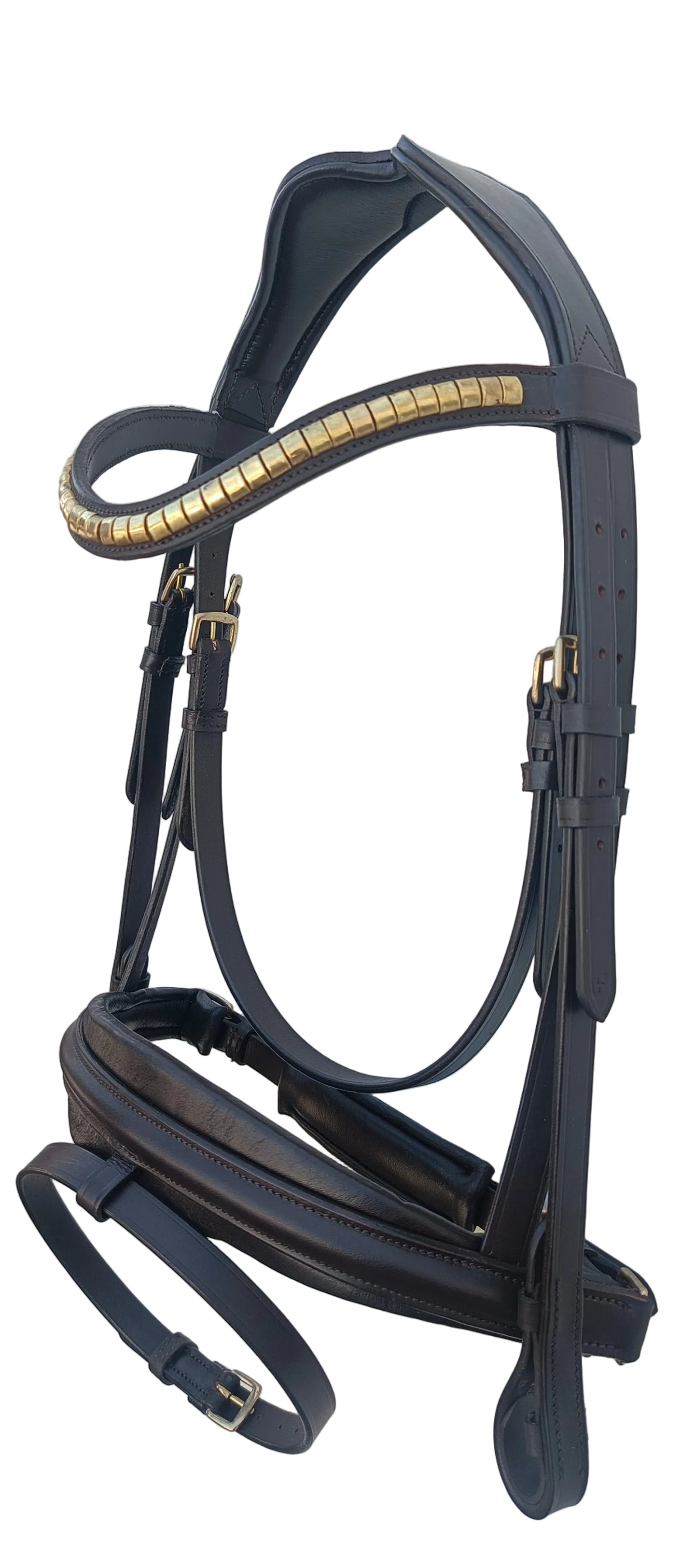 Leather_Anatomical_Padded_Bridle_with_Golden_Clincher_Browband_And_Reins_Brown_Color