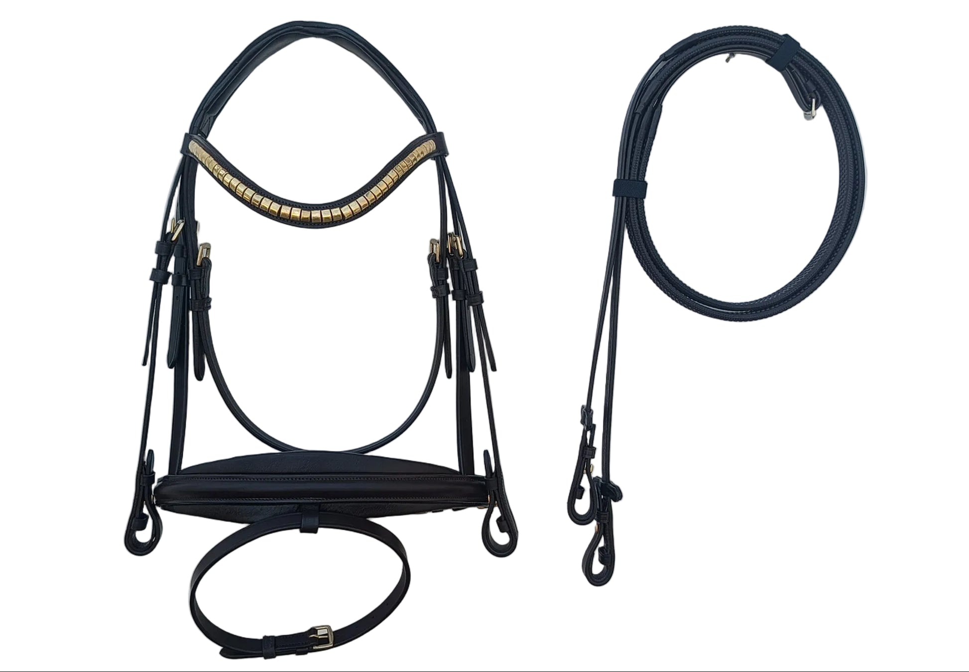 Leather_Anatomical_Padded_Bridle_with_Golden_Clincher_Browband_And_Reins_Brown_Color