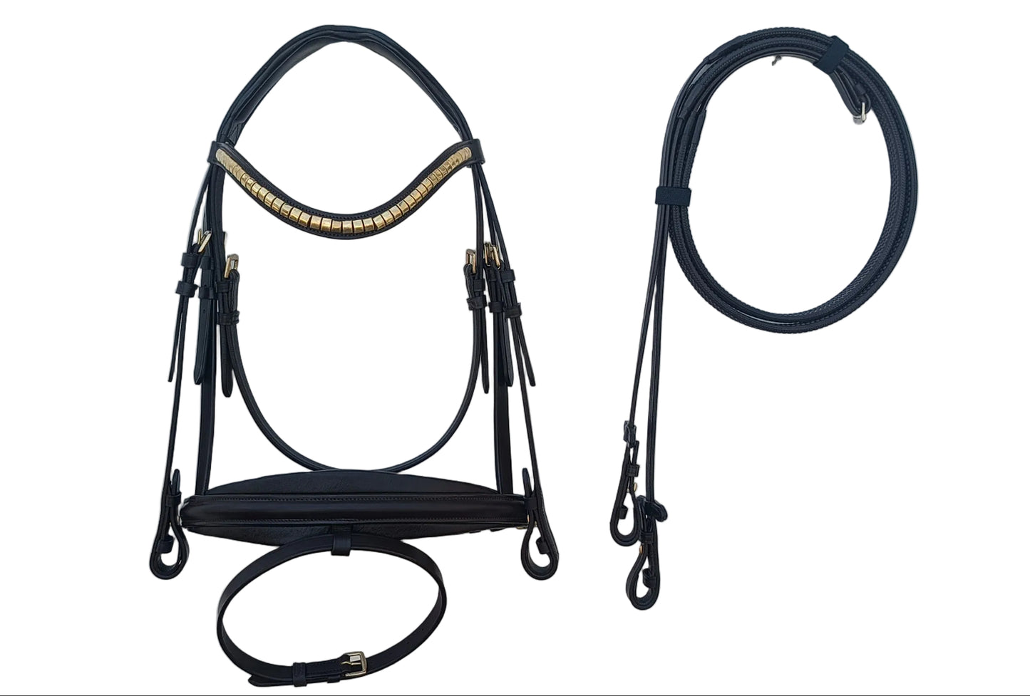 Leather_Anatomical_Padded_Bridle_with_Golden_Clincher_Browband_And_Reins_Brown_Color
