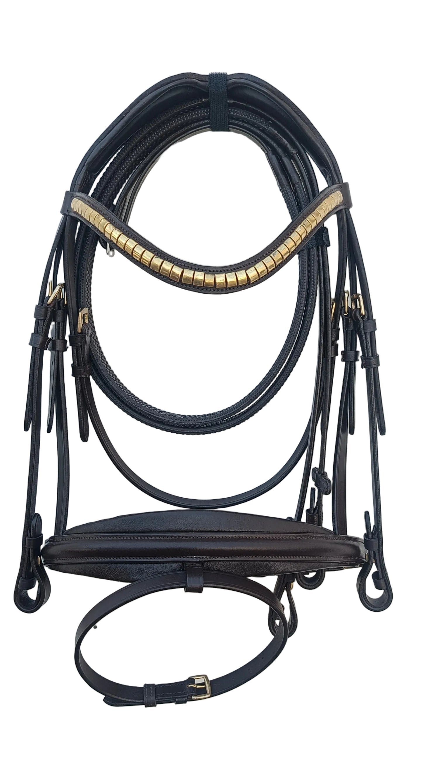 Leather_Anatomical_Padded_Bridle_with_Golden_Clincher_Browband_And_Reins_Brown_Color