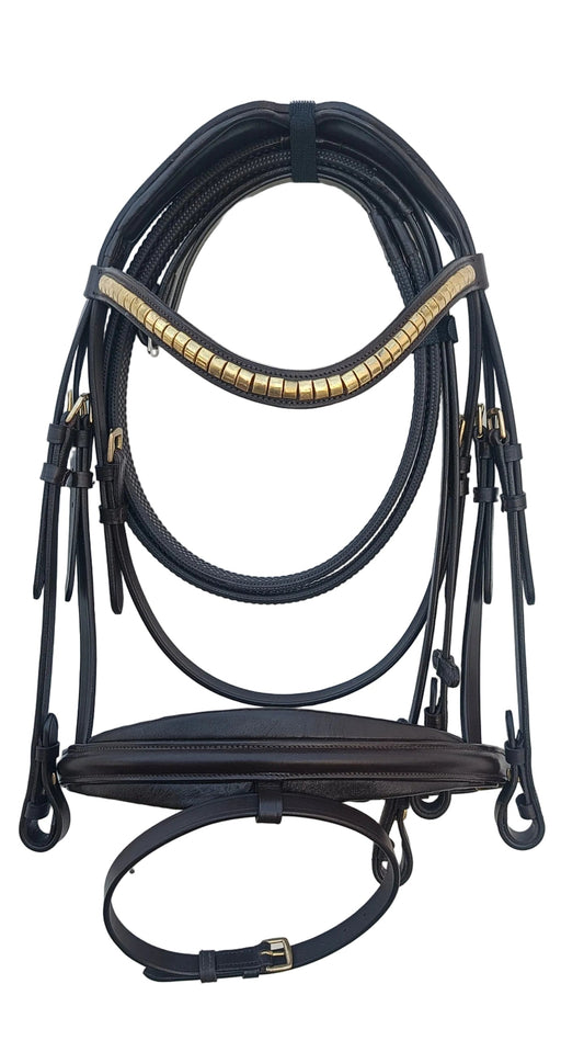 Leather_Anatomical_Padded_Bridle_with_Golden_Clincher_Browband_And_Reins_Brown_Color