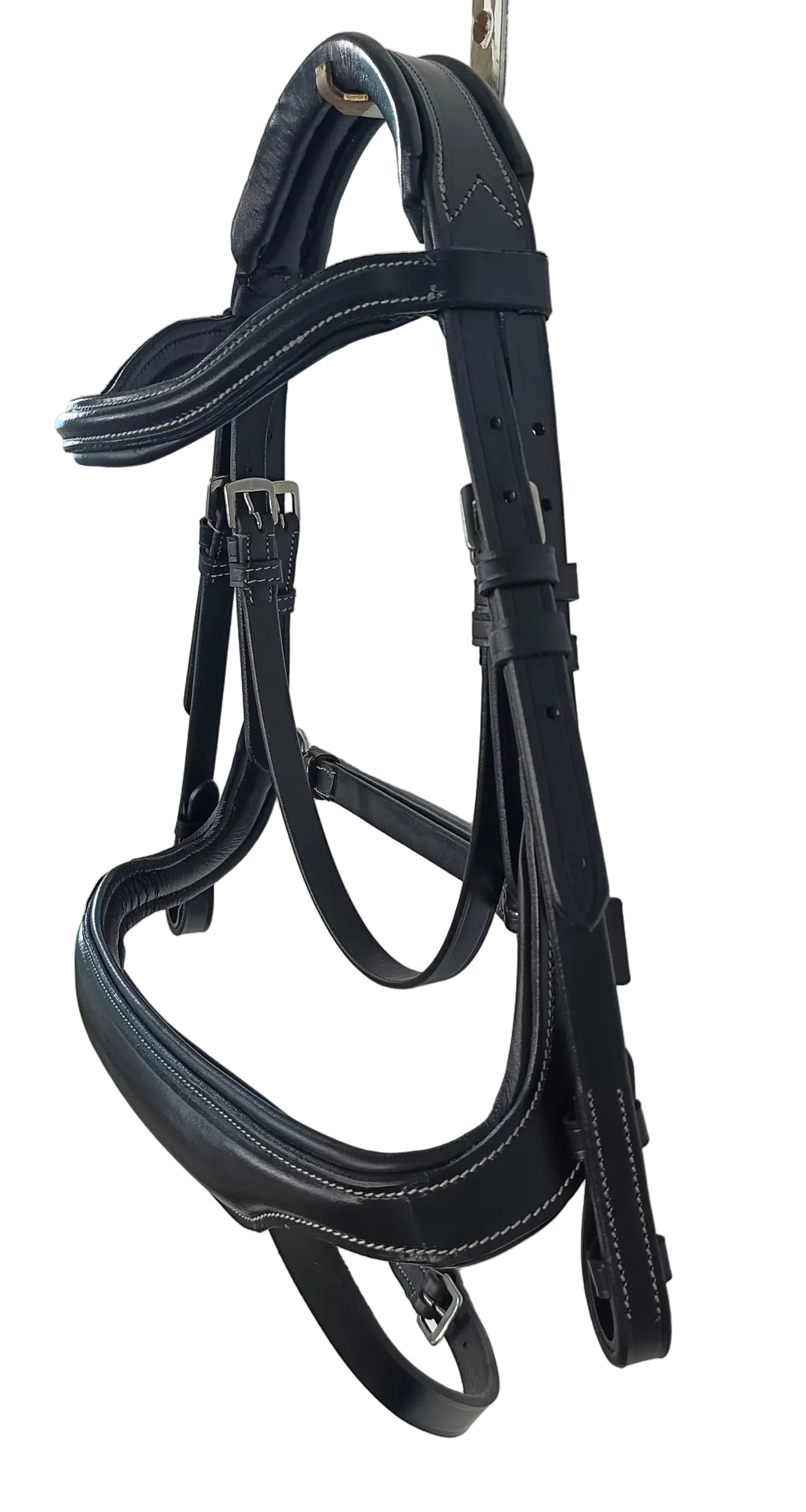Leather Anatomical Snaffle Bridle Padded Headpiece and Noseband With Reins Black