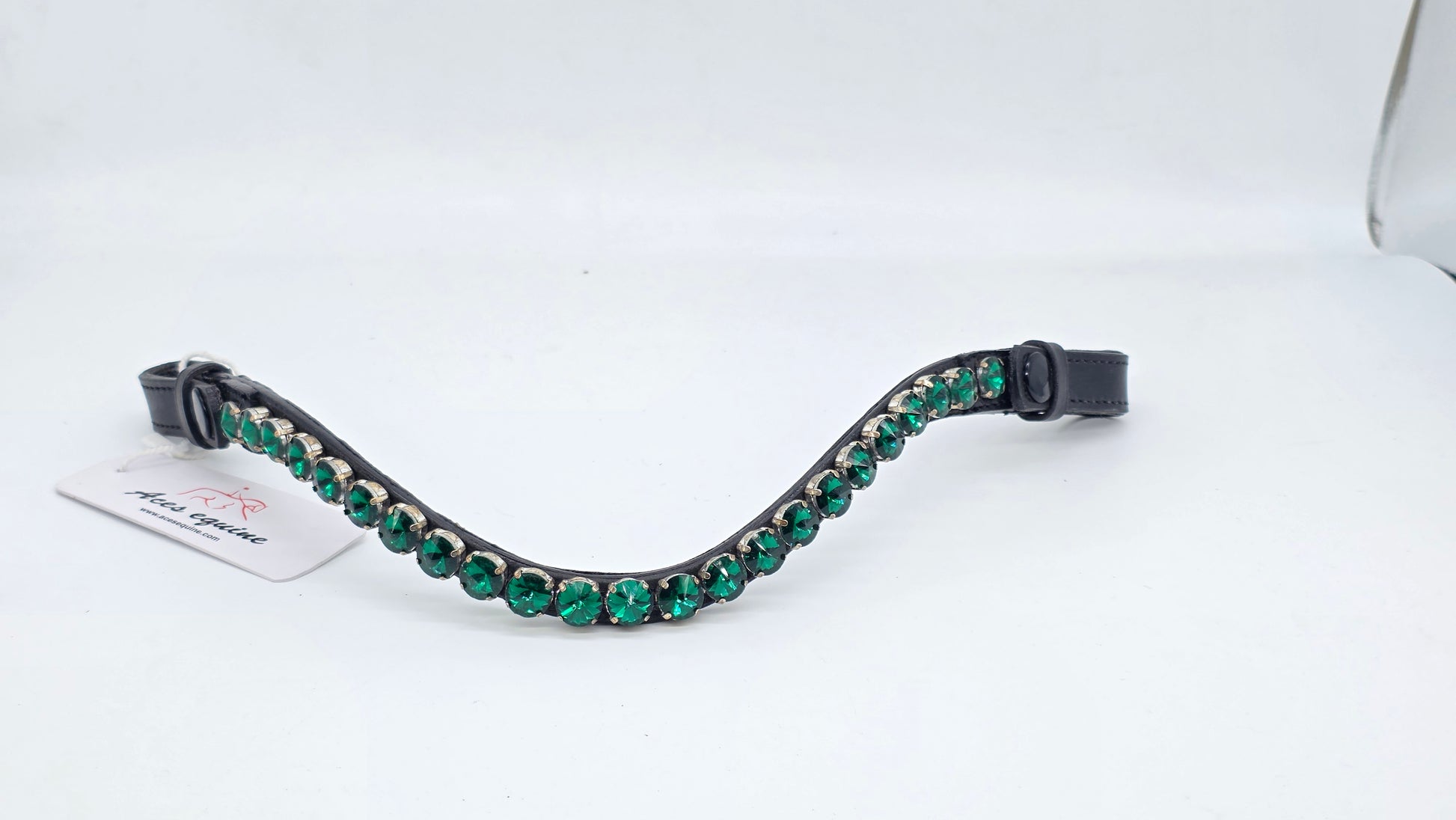 Leather Crystal Browband U Shape Horse Bridle Tack Soft Padded Green