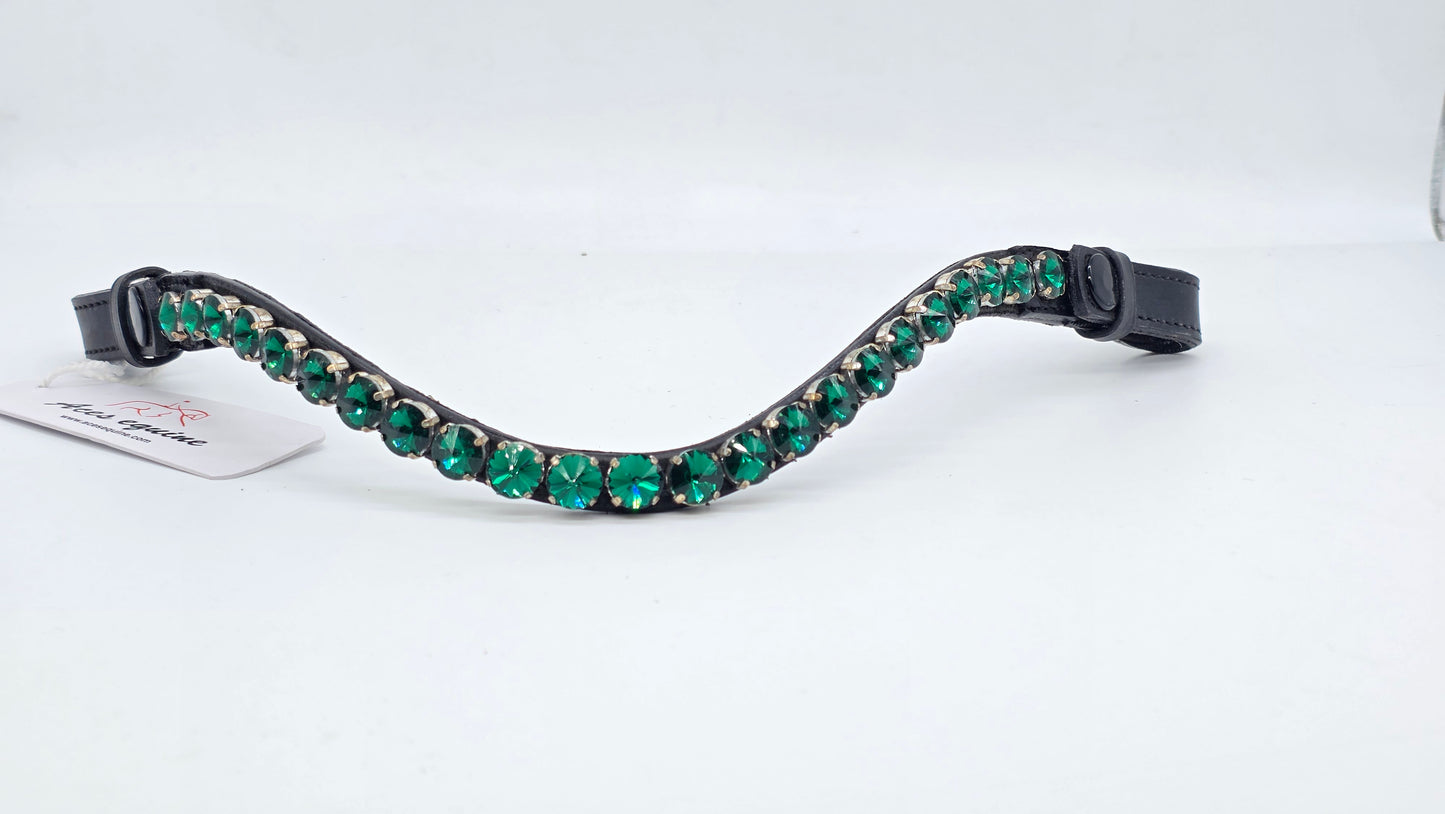 Leather Crystal Browband U Shape Horse Bridle Tack Soft Padded Green