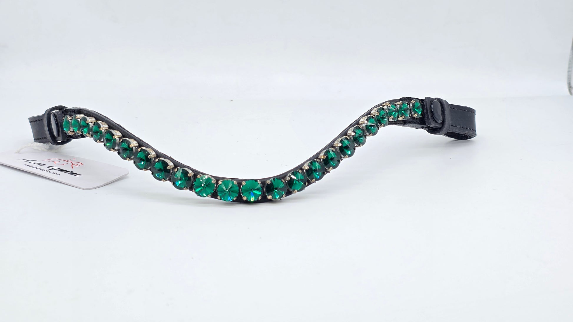 Leather Crystal Browband U Shape Horse Bridle Tack Soft Padded Green