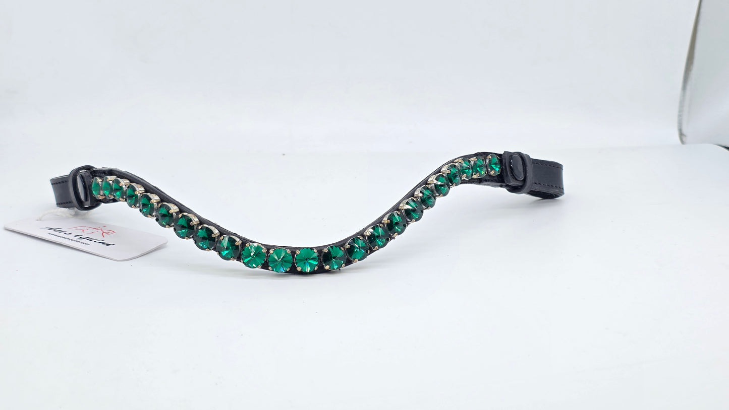 Leather Crystal Browband U Shape Horse Bridle Tack Soft Padded Green