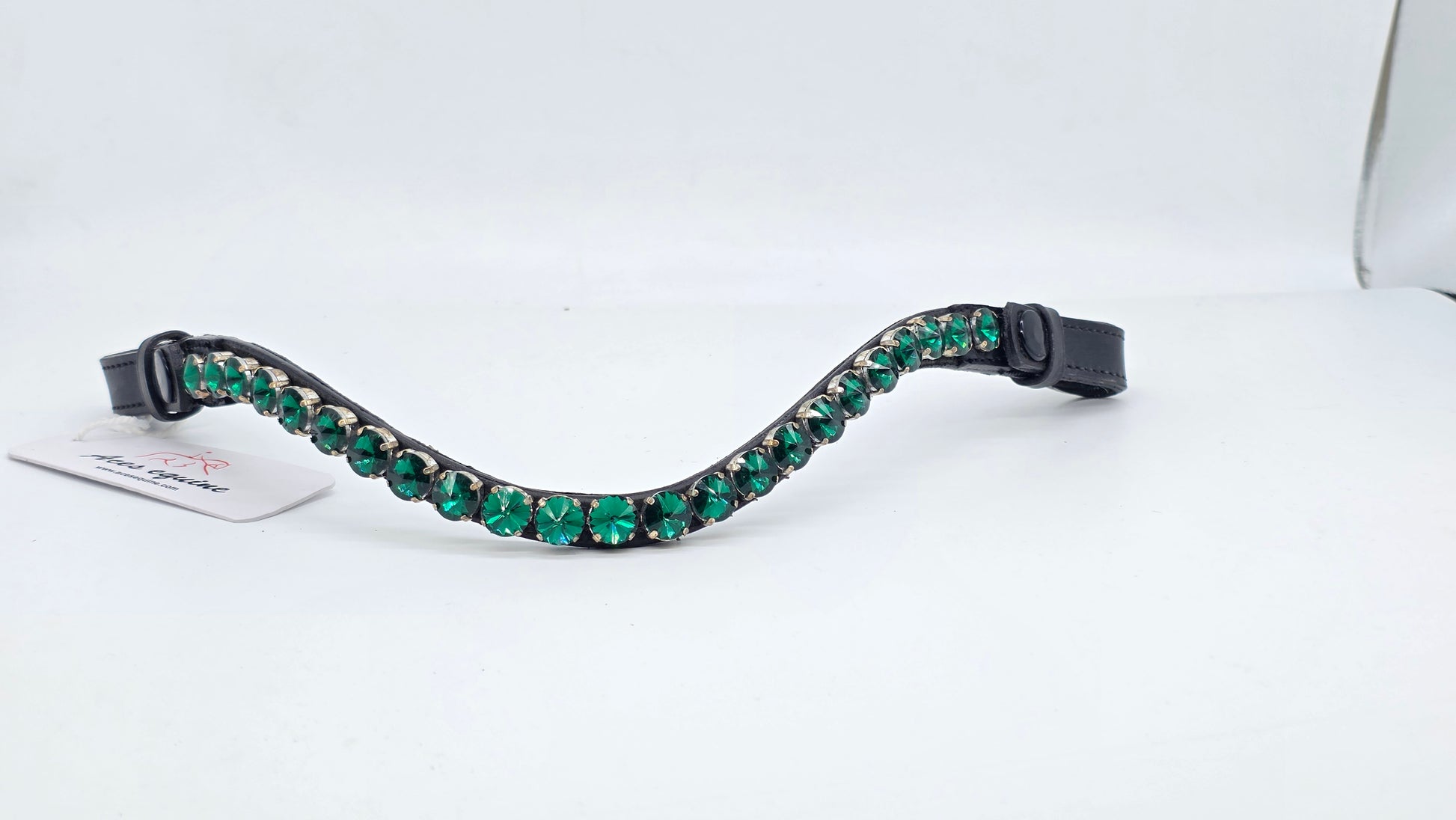 Leather Crystal Browband U Shape Horse Bridle Tack Soft Padded Green