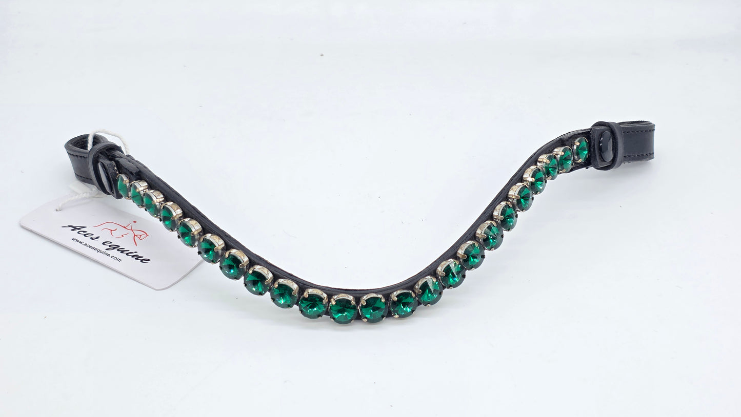 Leather Crystal Browband U Shape Horse Bridle Tack Soft Padded Green