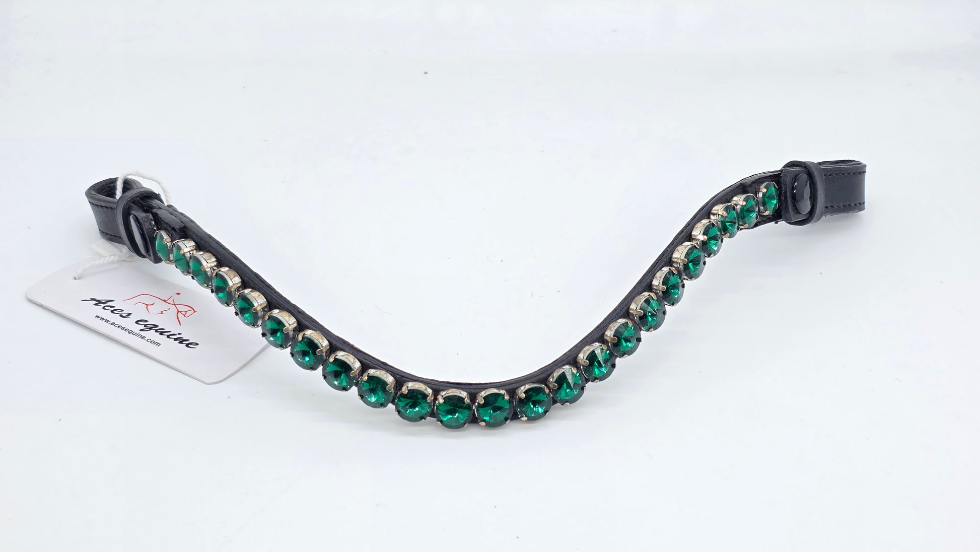 Leather Crystal Browband U Shape Horse Bridle Tack Soft Padded Green