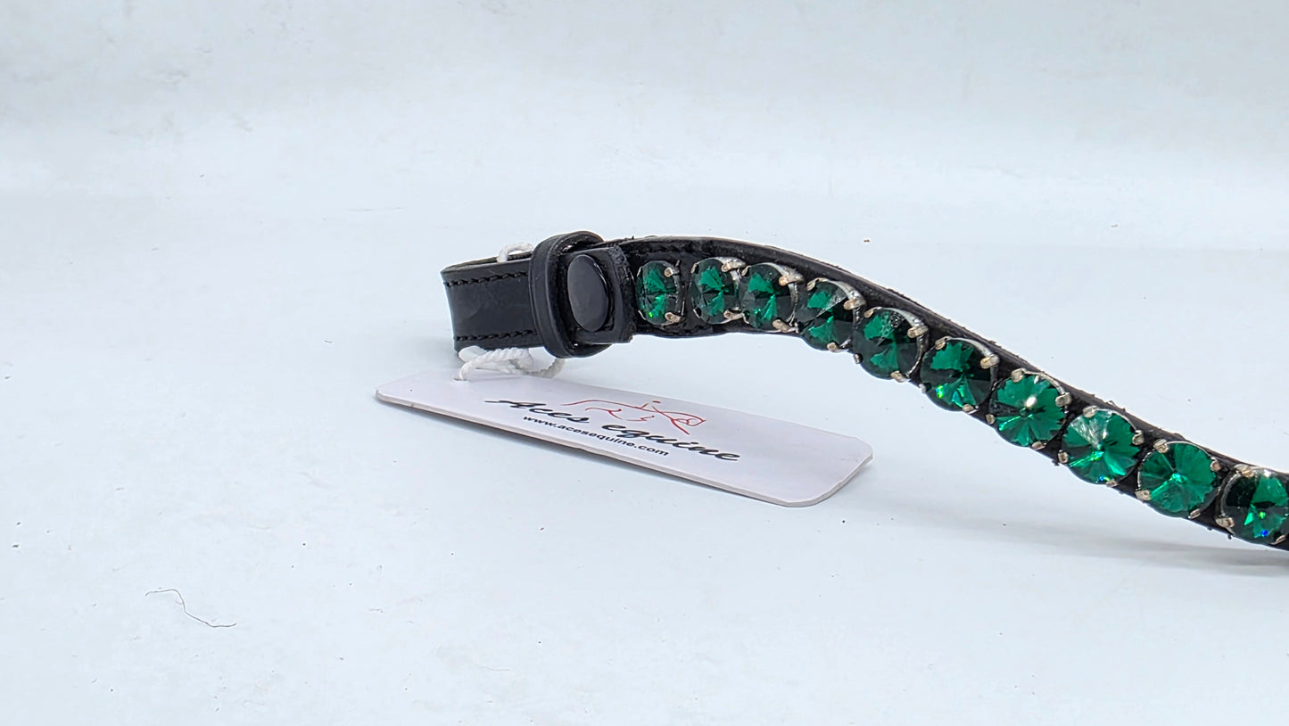 Leather Crystal Browband U Shape Horse Bridle Tack Soft Padded Green