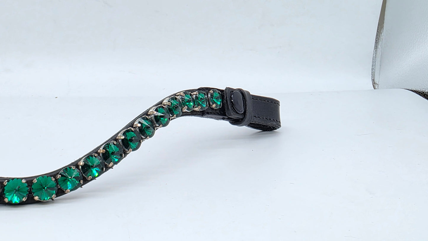 Leather Crystal Browband U Shape Horse Bridle Tack Soft Padded Green
