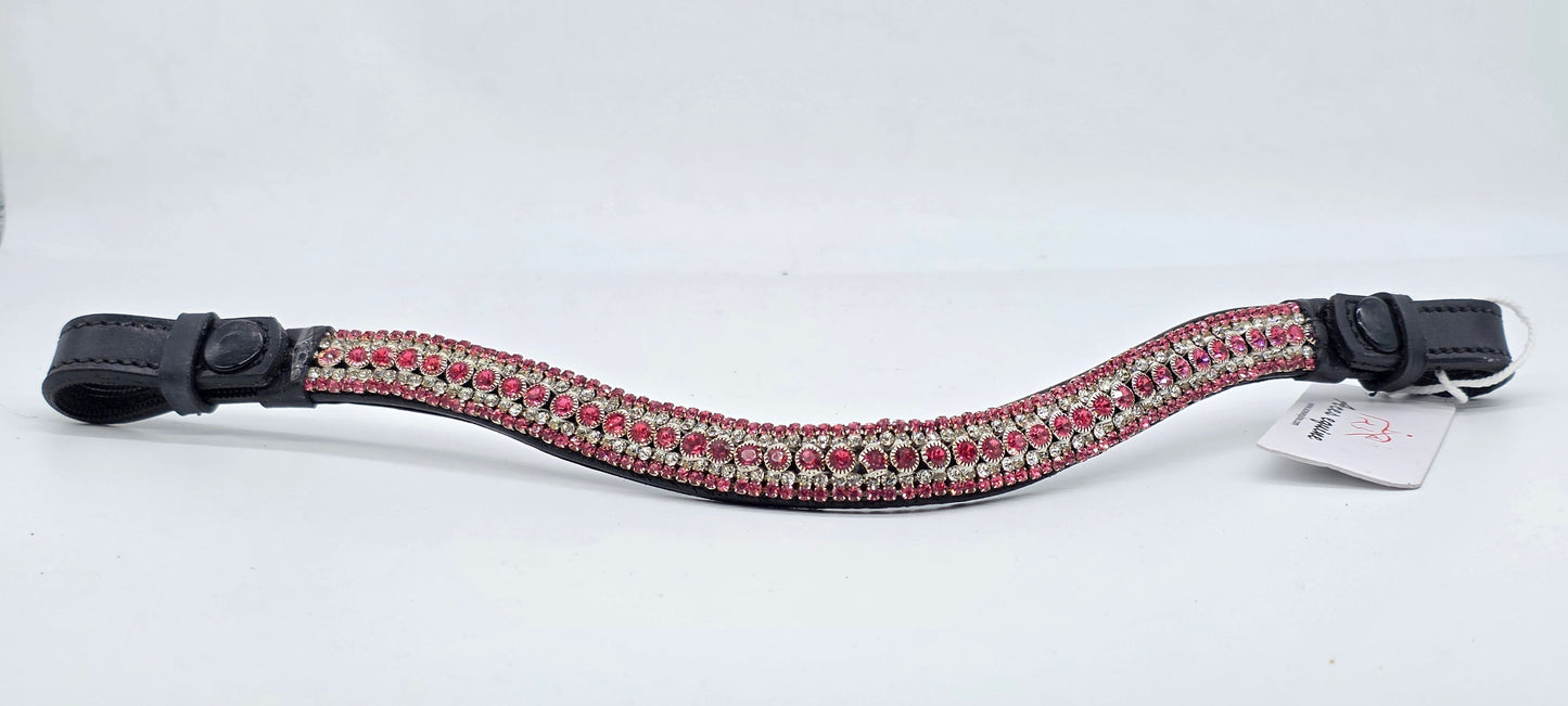 Leather Crystal Diamante Wave Browband For Bridle Pink White