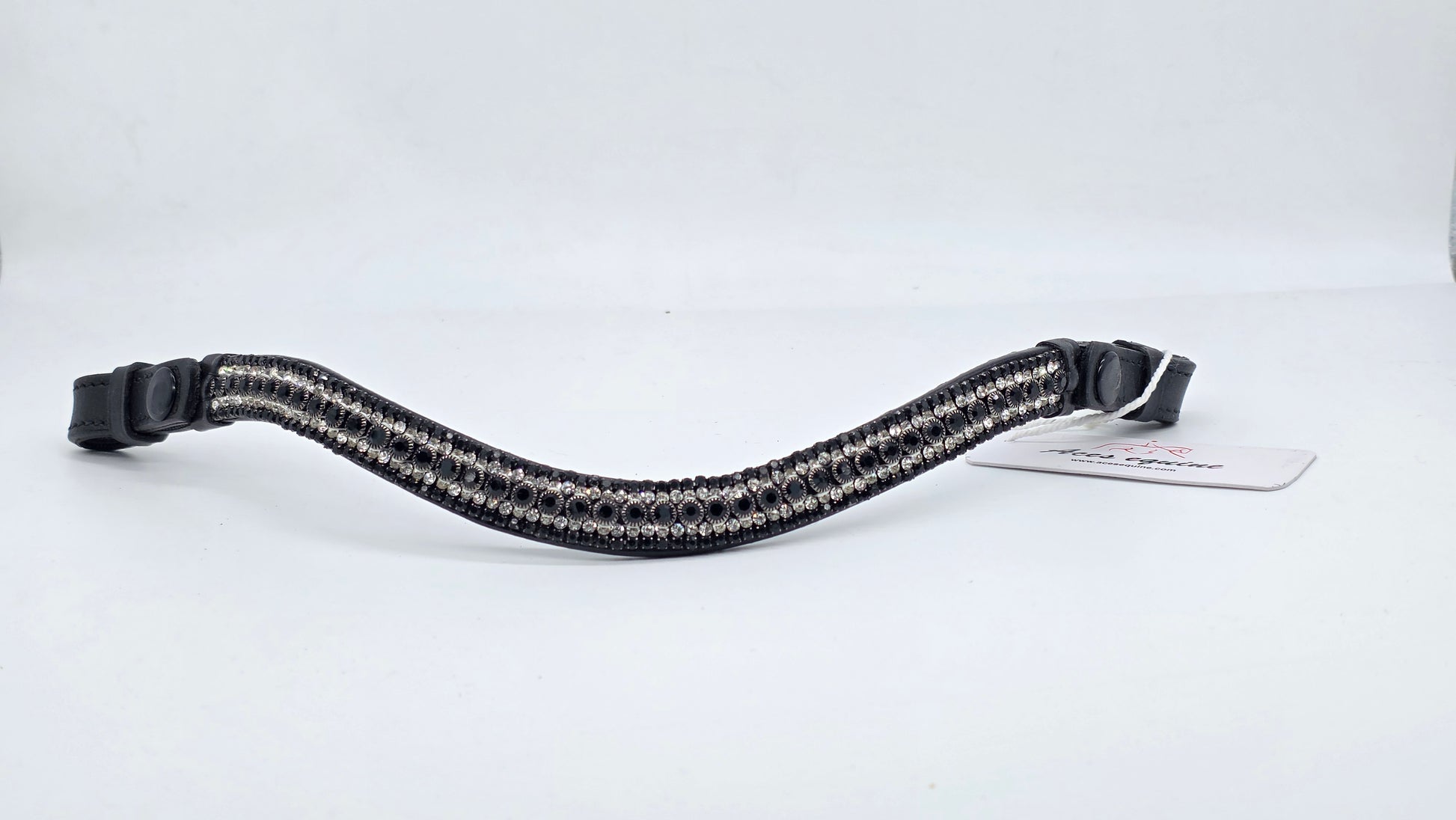 Leather Elegant Wave Style Browband with Crystal Stones Black White