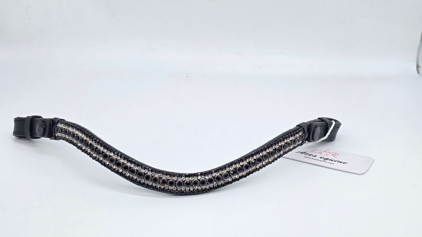 Leather Elegant Wave Style Browband with Crystal Stones Black White