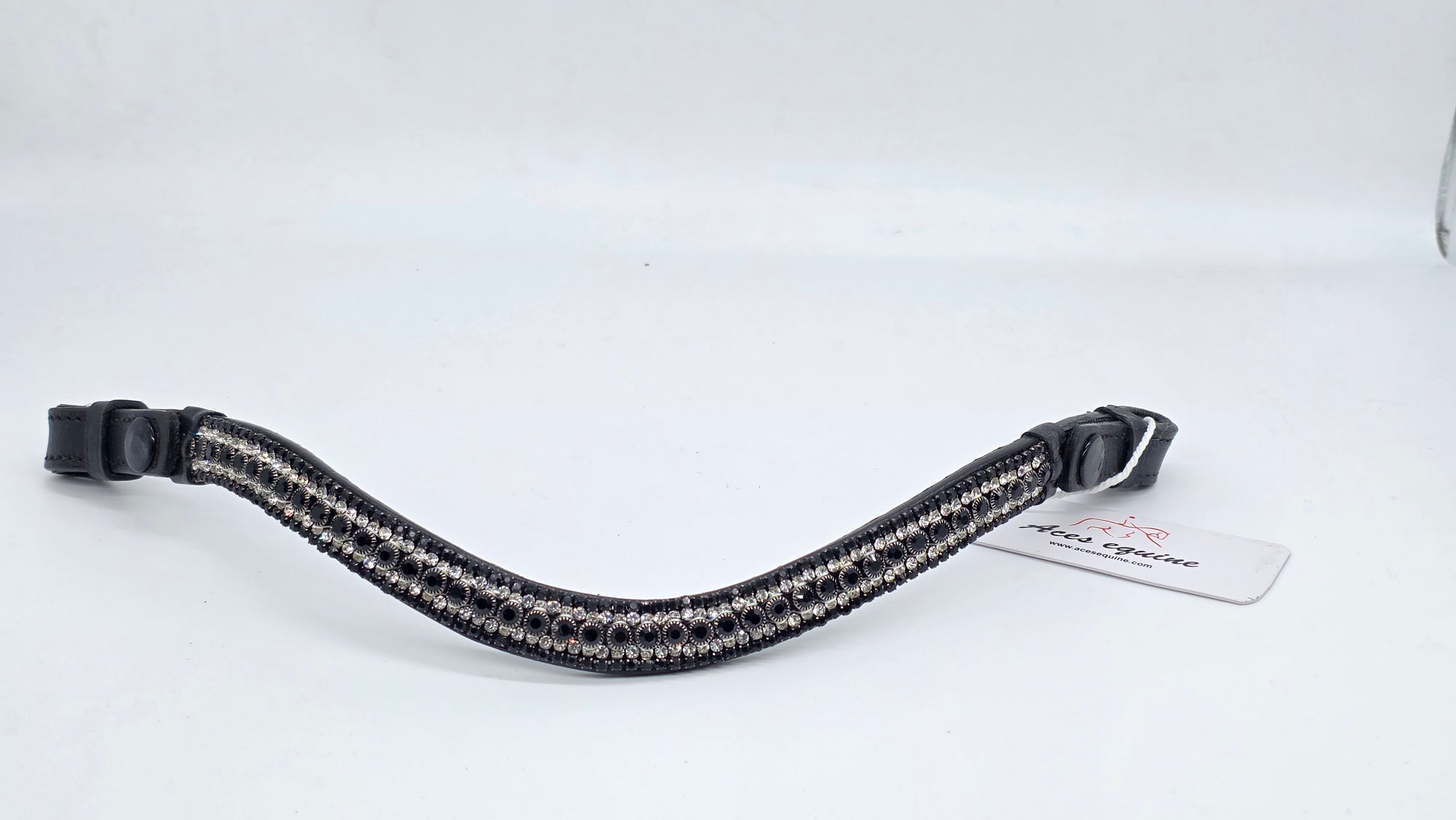Leather Elegant Wave Style Browband with Crystal Stones Black White