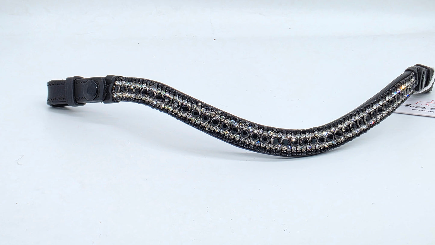 Leather Elegant Wave Style Browband with Crystal Stones Black White