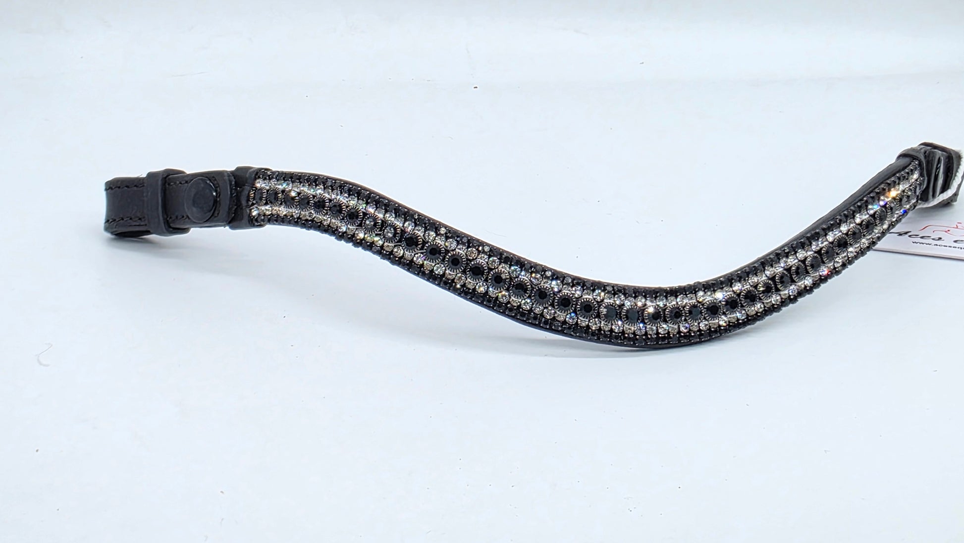 Leather Elegant Wave Style Browband with Crystal Stones Black White