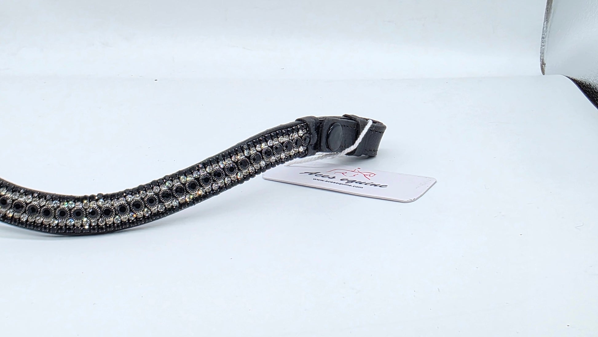 Leather Elegant Wave Style Browband with Crystal Stones Black White