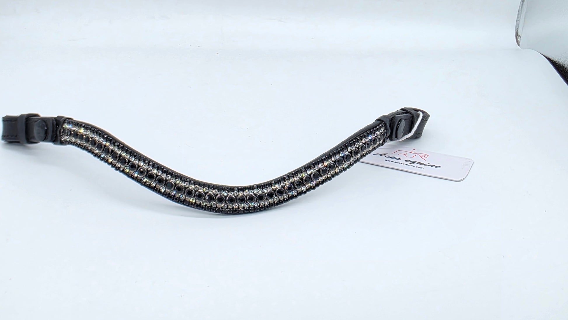 Leather Elegant Wave Style Browband with Crystal Stones Black White
