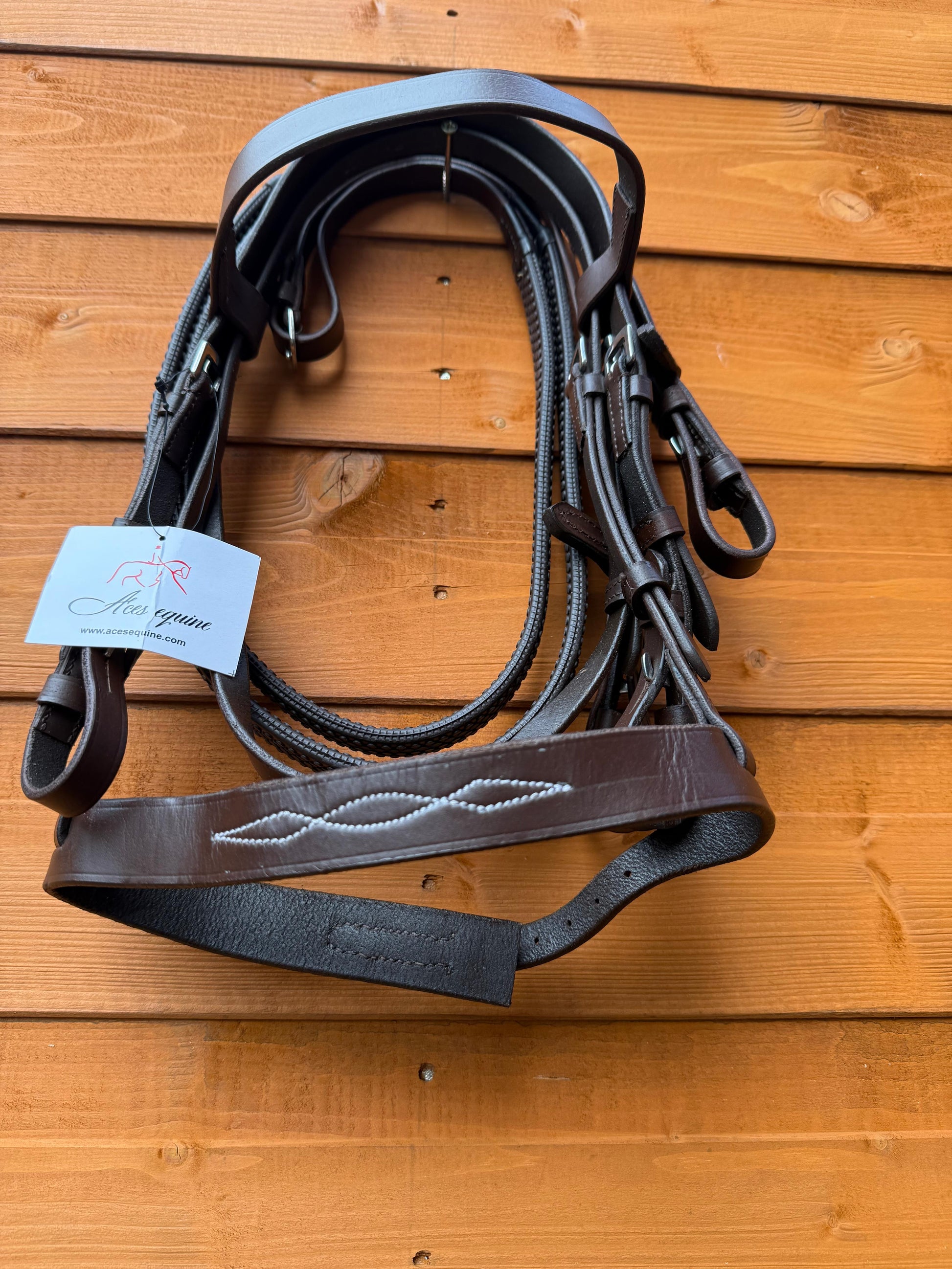 Leather Hunter Bridle with Stitched Noseband And Grip Reins Comfortable Premium Genuine Leather Brown for Shetland And Mini Shetland