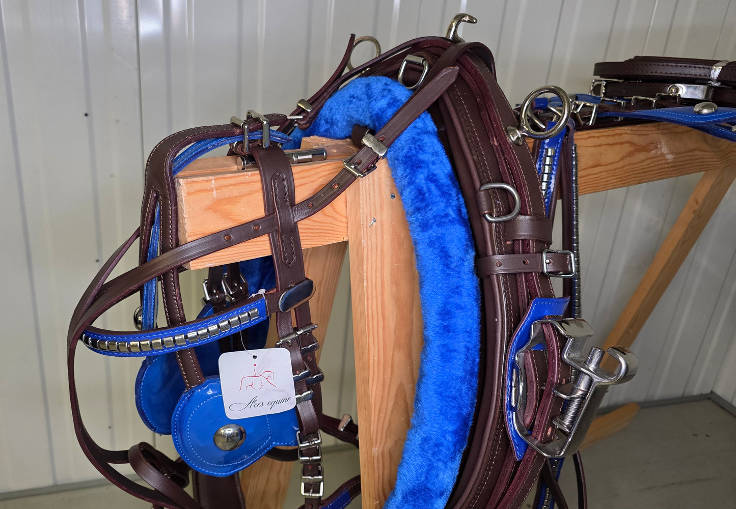 Leather Quick Hitch Trotting Driving Harness Padded Comfort Strong Fit Chrome Fittings Brown And Blue Color