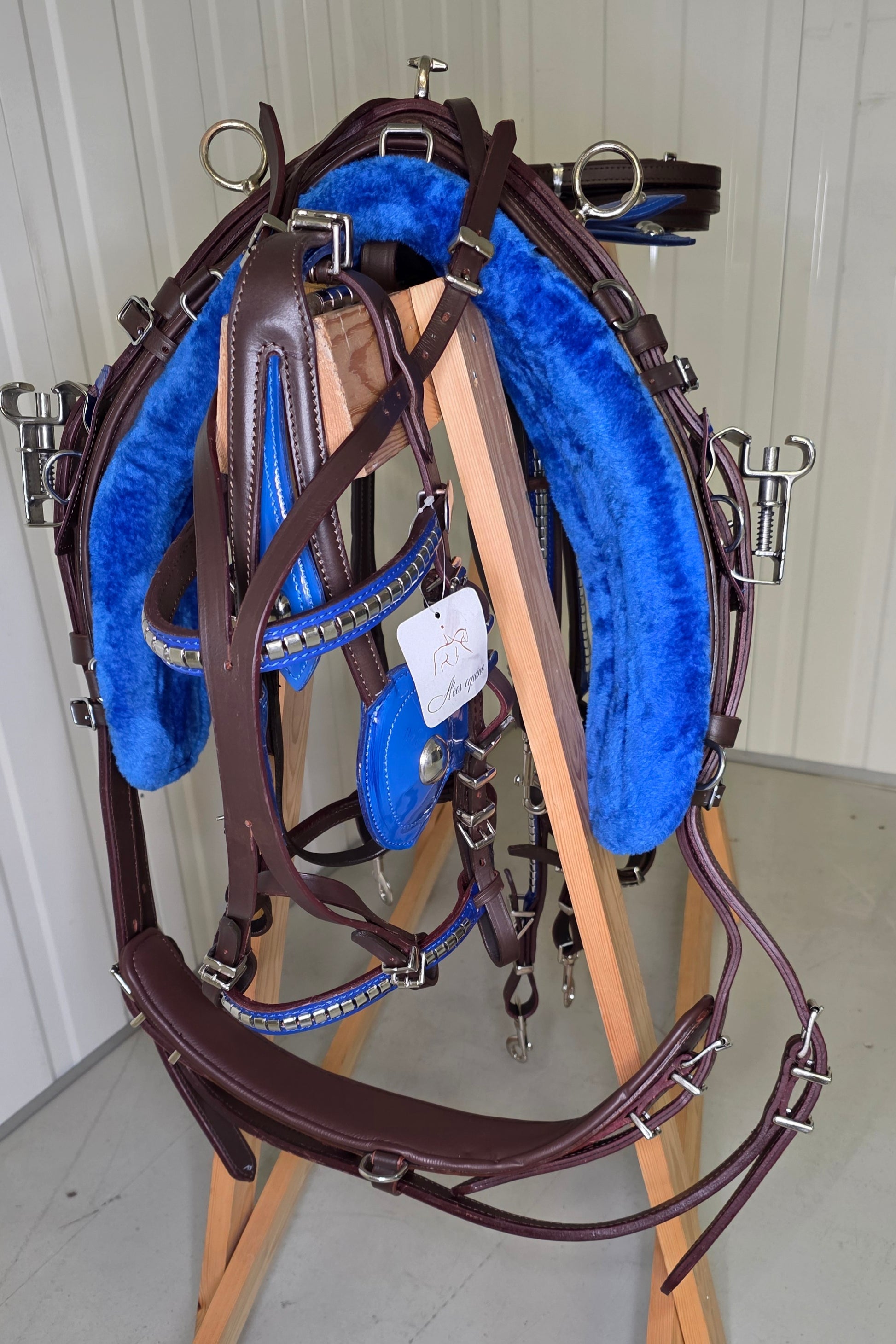 Leather Quick Hitch Trotting Driving Harness Padded Comfort Strong Fit Chrome Fittings Brown And Blue Color