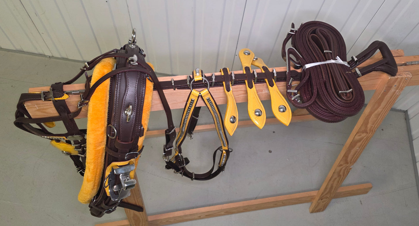 Leather Quick Hitch Trotting Driving Harness Padded Comfort Strong Fit Chrome Fittings Brown And Yellow Color