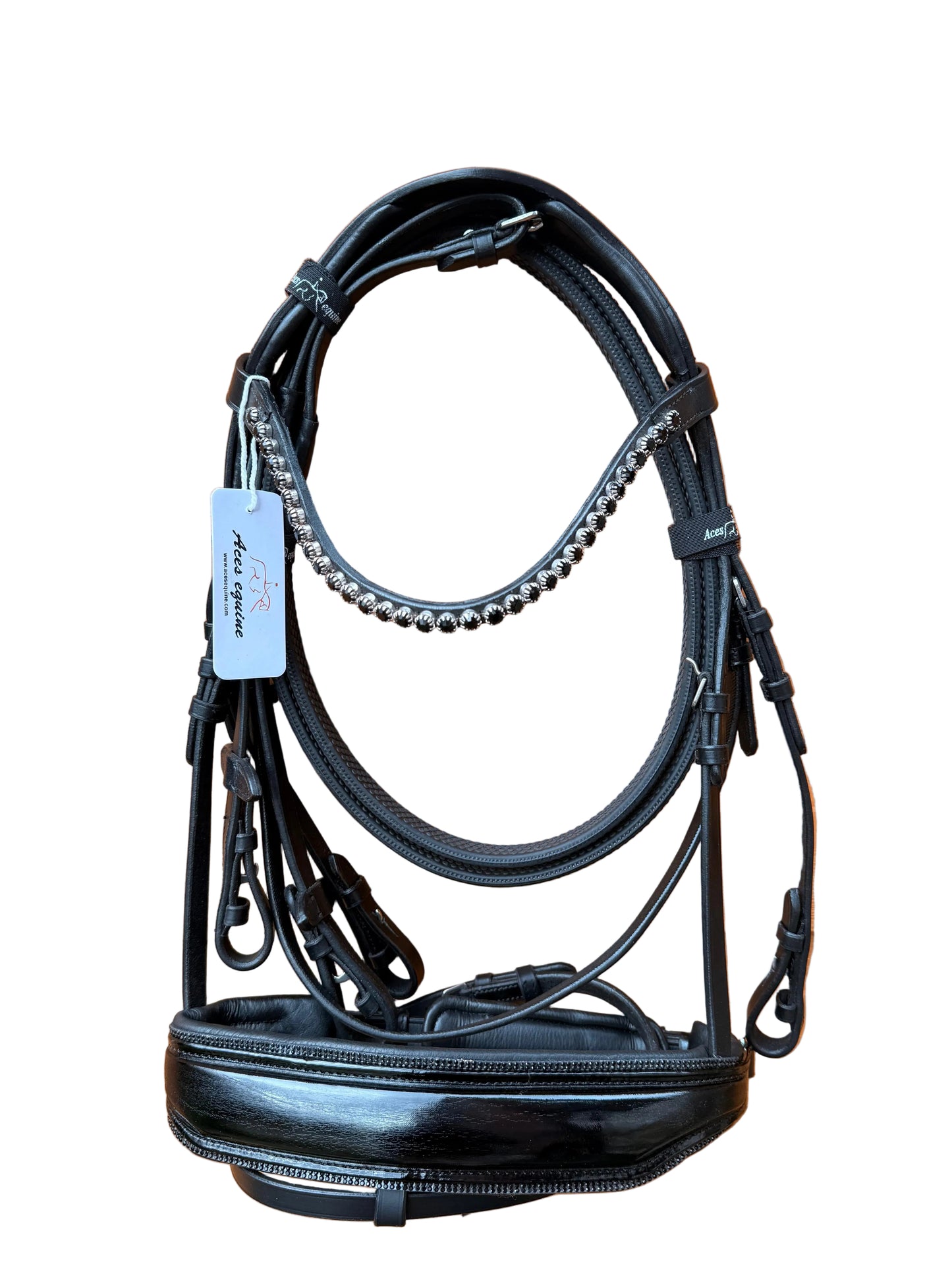 Leather Snaffle Bridle Patent Wide Noseband Black Pearl Crystal Browband With Rubber Reins