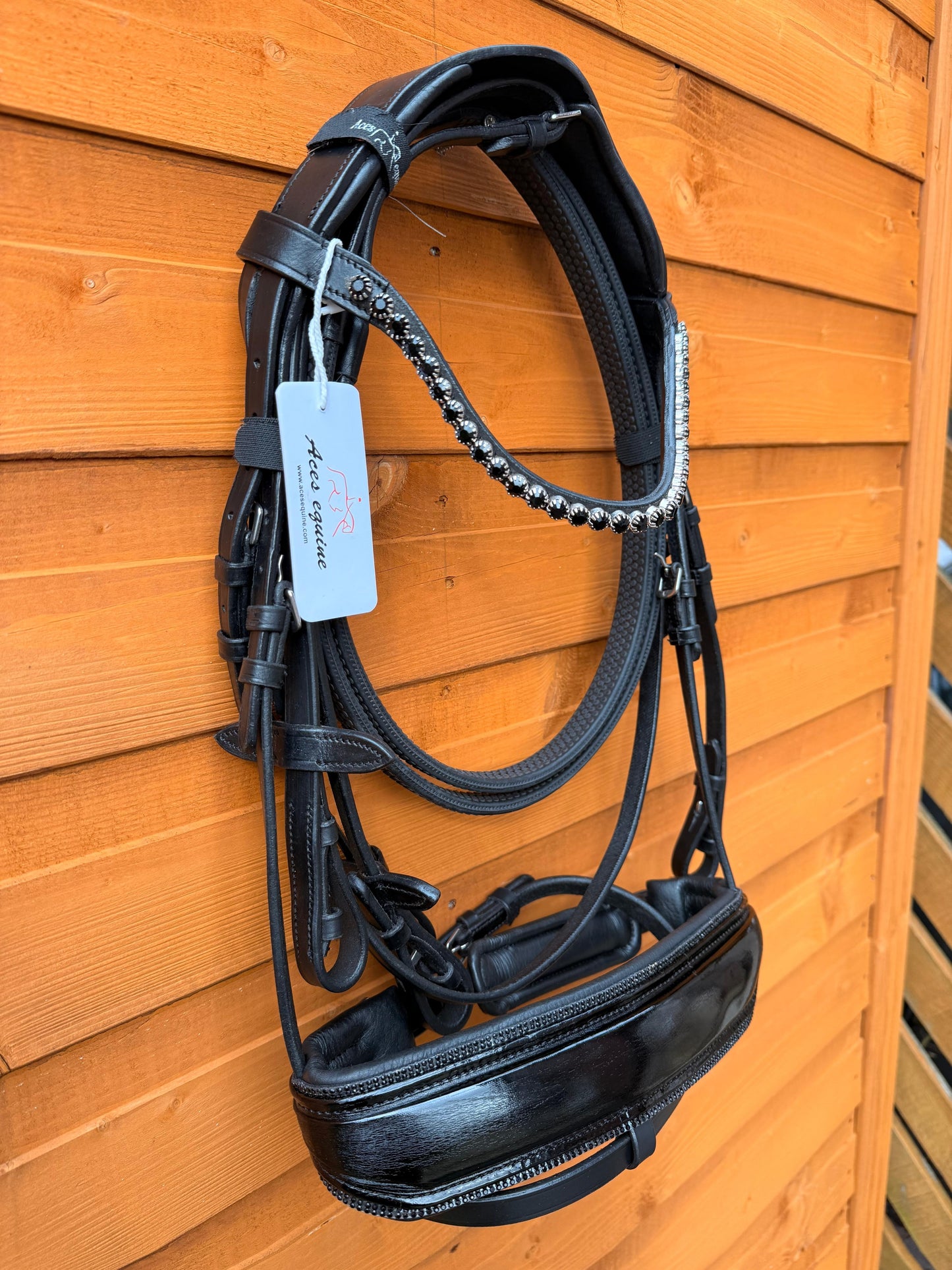 Leather Snaffle Bridle Patent Wide Noseband Black Pearl Crystal Browband With Rubber Reins