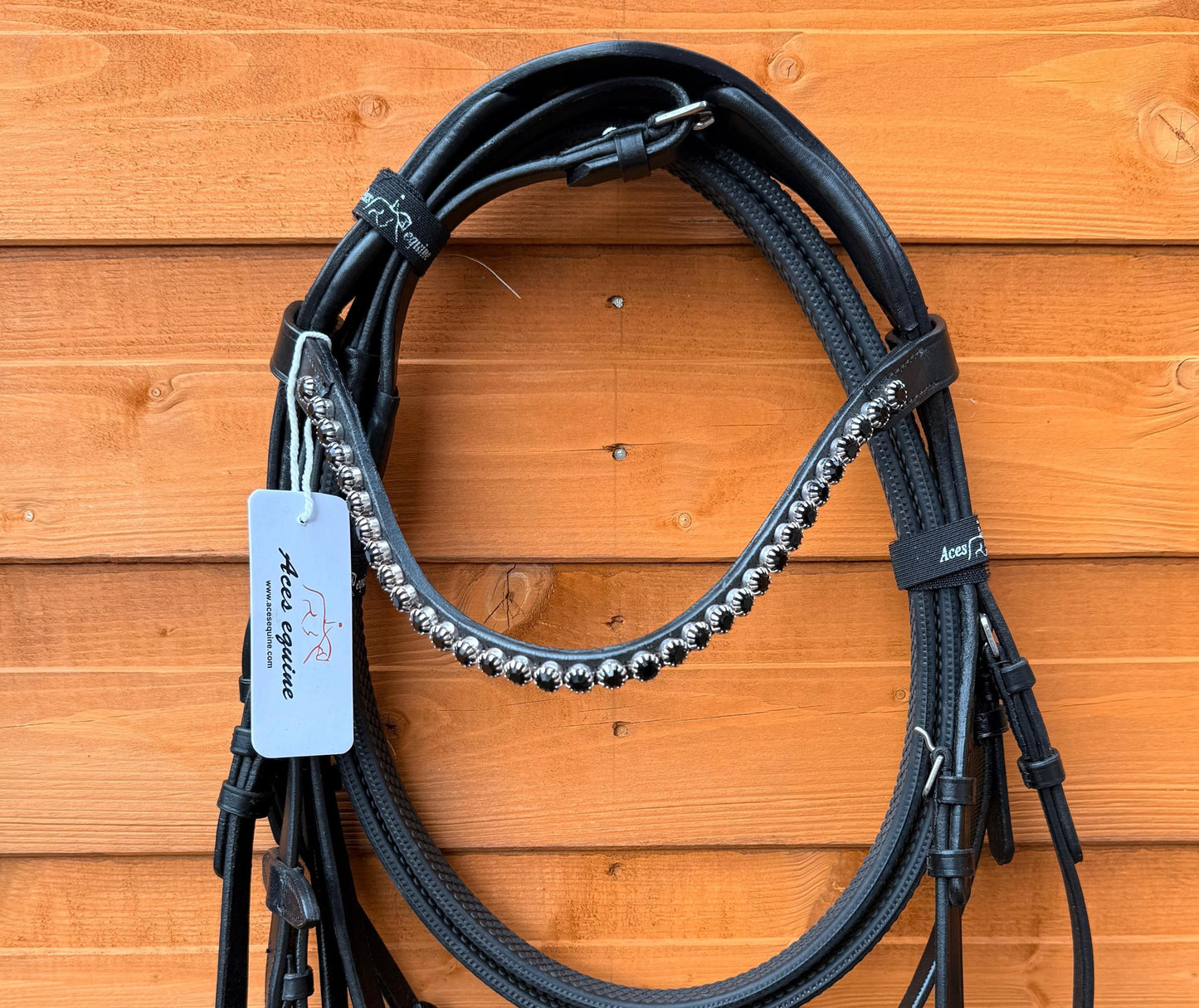 Leather Snaffle Bridle Patent Wide Noseband Black Pearl Crystal Browband With Rubber Reins