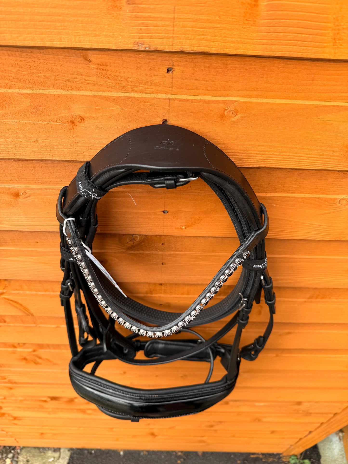 Leather Snaffle Bridle Patent Wide Noseband Black Pearl Crystal Browband With Rubber Reins