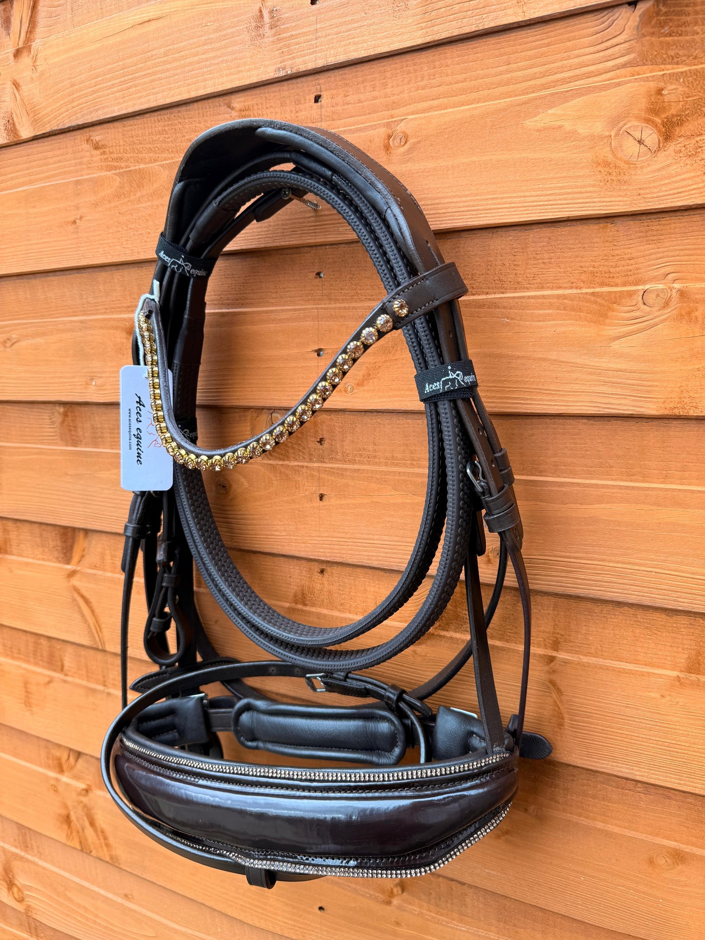 Leather Snaffle Bridle Patent Wide Noseband Gold Pearl Crystal Browband With Rubber Reins Brown