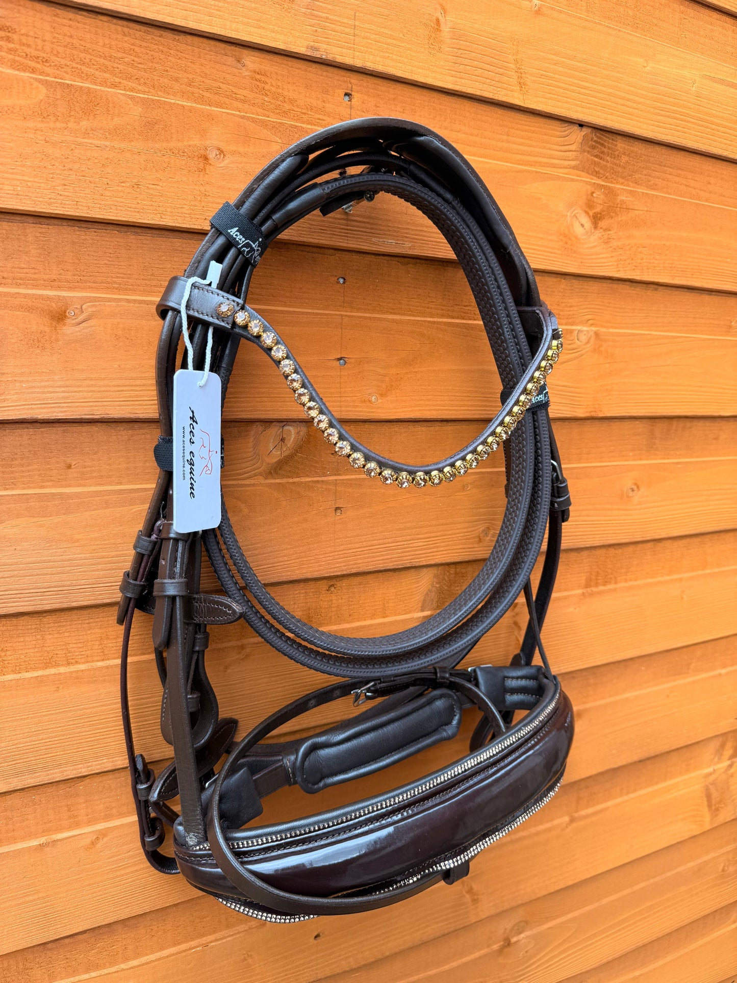 Leather Snaffle Bridle Patent Wide Noseband Gold Pearl Crystal Browband With Rubber Reins Brown