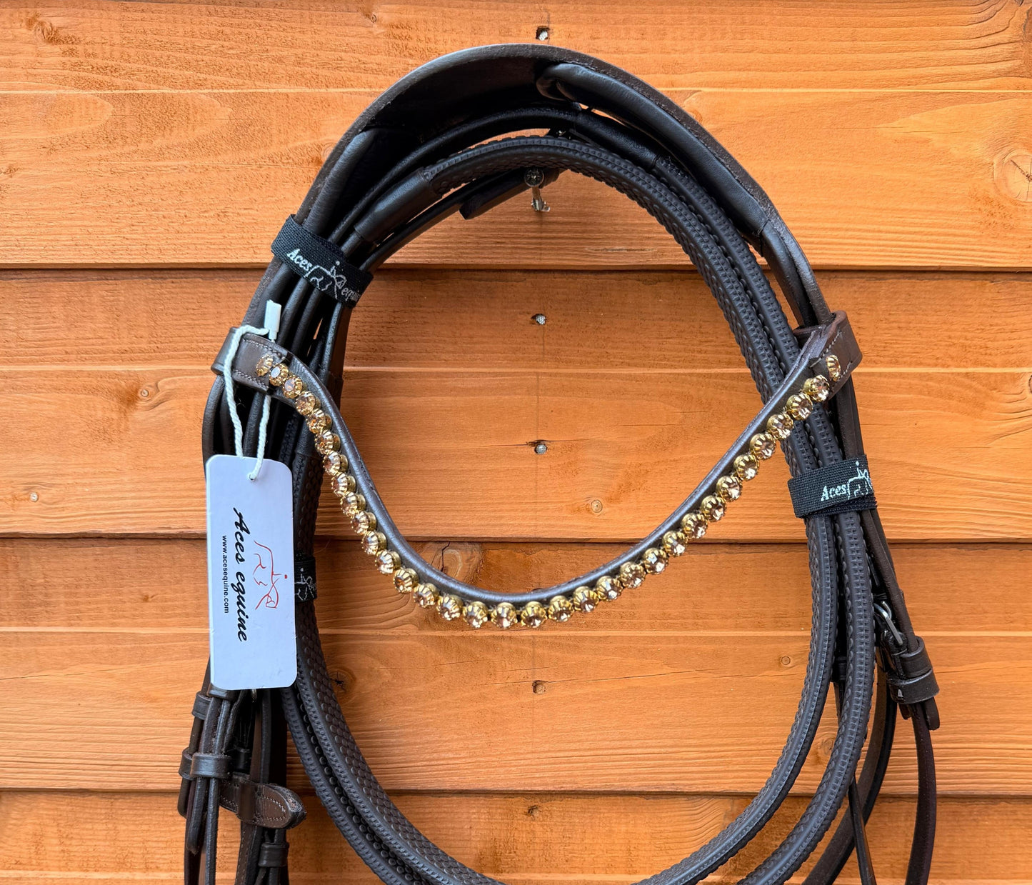Leather Snaffle Bridle Patent Wide Noseband Gold Pearl Crystal Browband With Rubber Reins Brown
