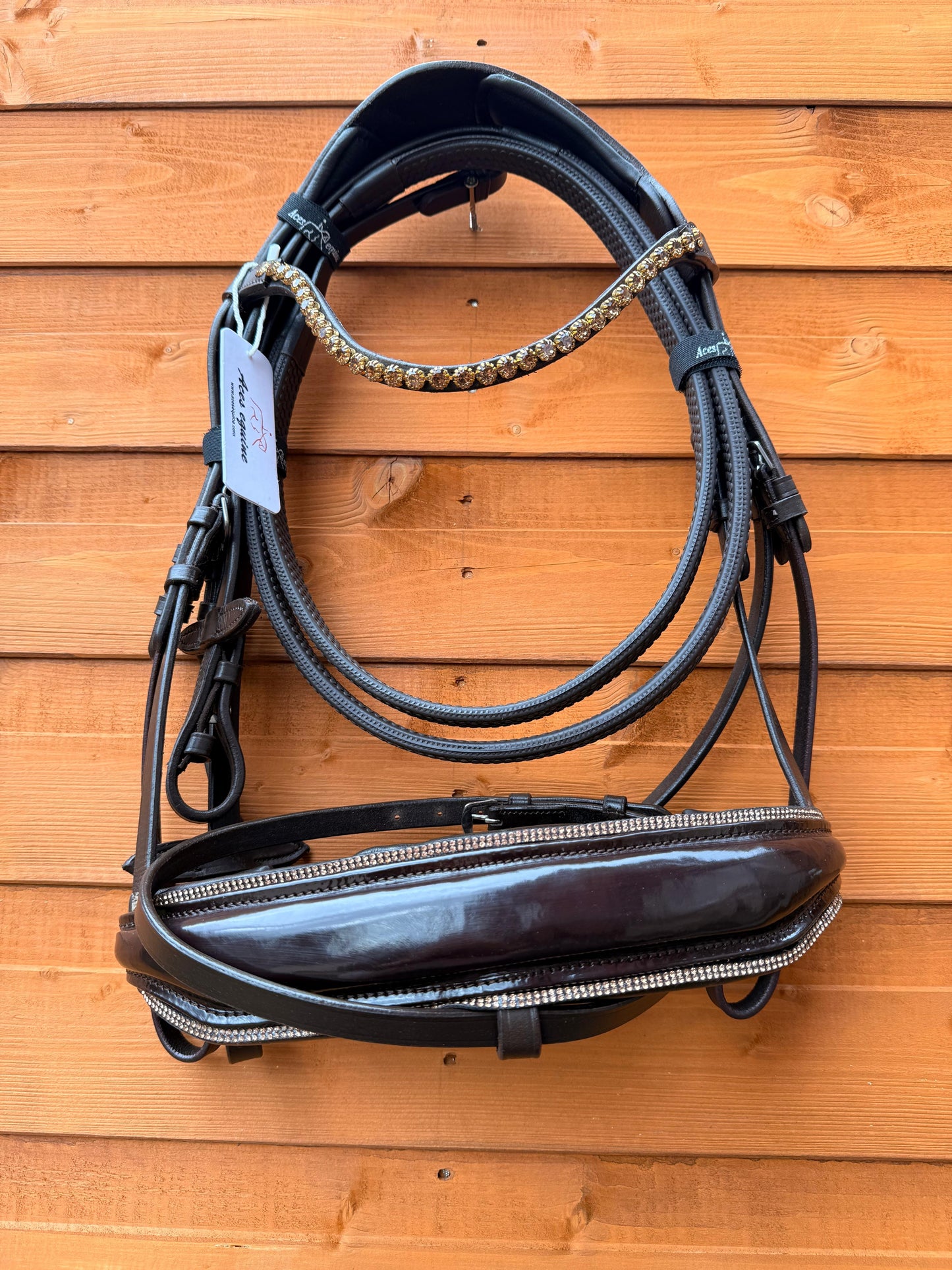 Leather Snaffle Bridle Patent Wide Noseband Gold Pearl Crystal Browband With Rubber Reins Brown