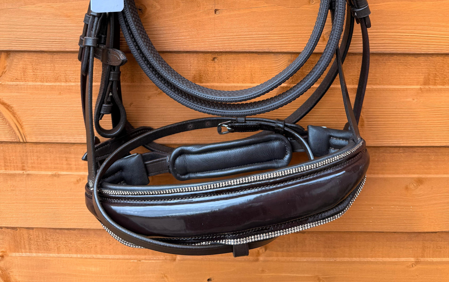 Leather Snaffle Bridle Patent Wide Noseband Gold Pearl Crystal Browband With Rubber Reins Brown
