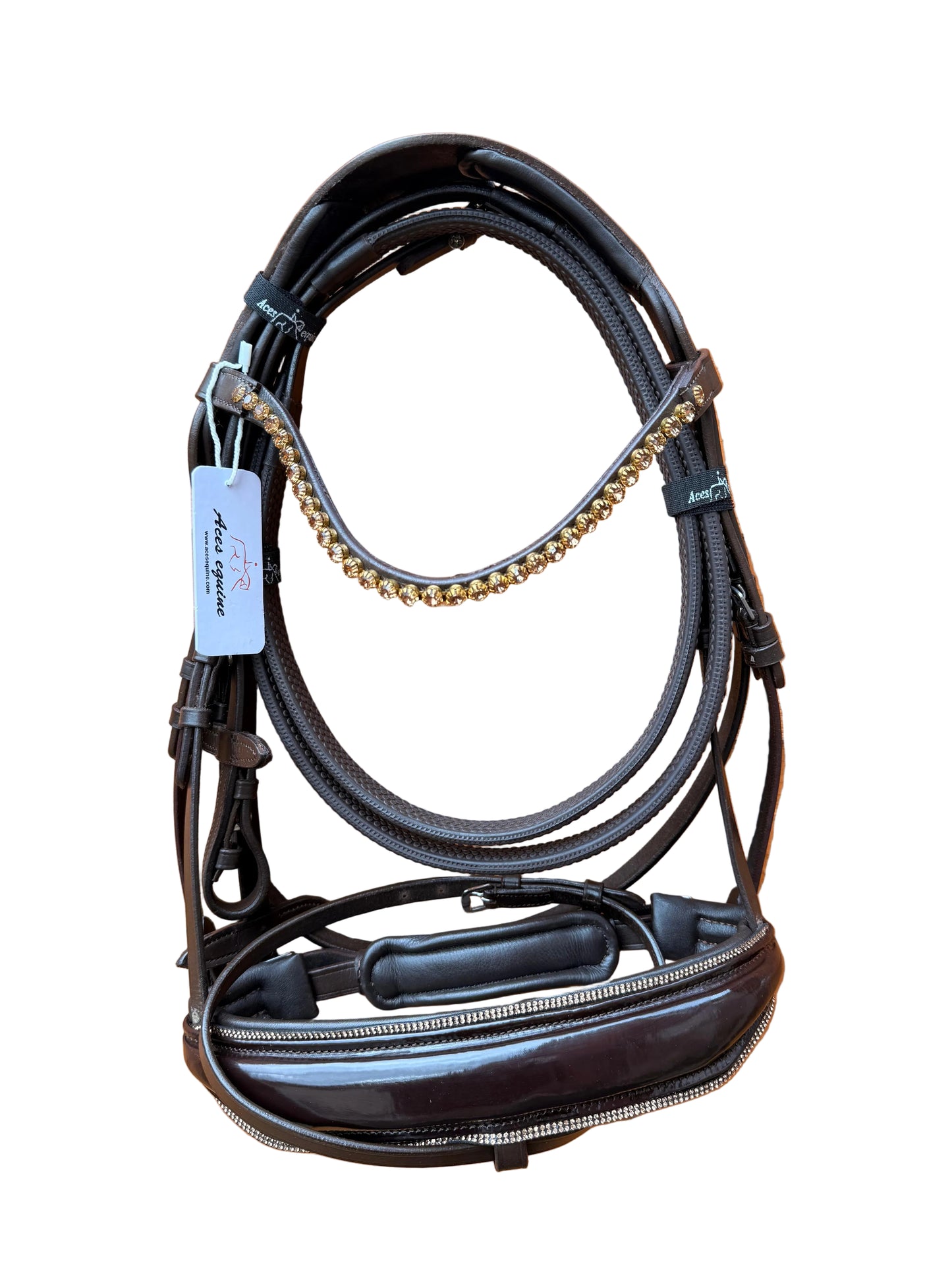 Leather Snaffle Bridle Patent Wide Noseband Gold Pearl Crystal Browband With Rubber Reins Brown
