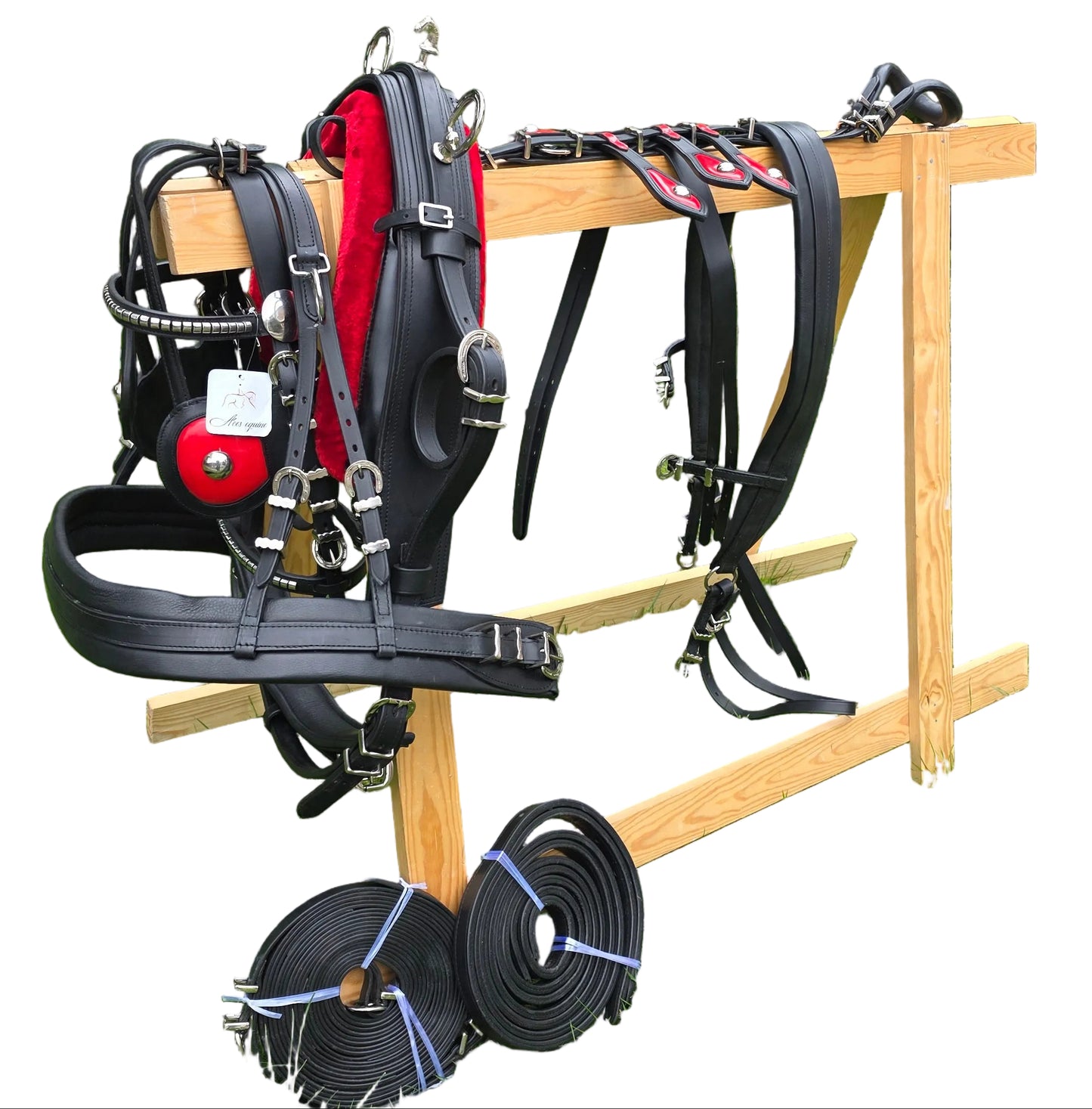 Leather Tiedown Driving Cart Harness Black And Red 